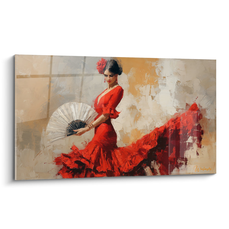 Cuadro Bailarina vestido rojo y abanico marfil desplegado - Flor roja en el pelo - Edición Baile Español