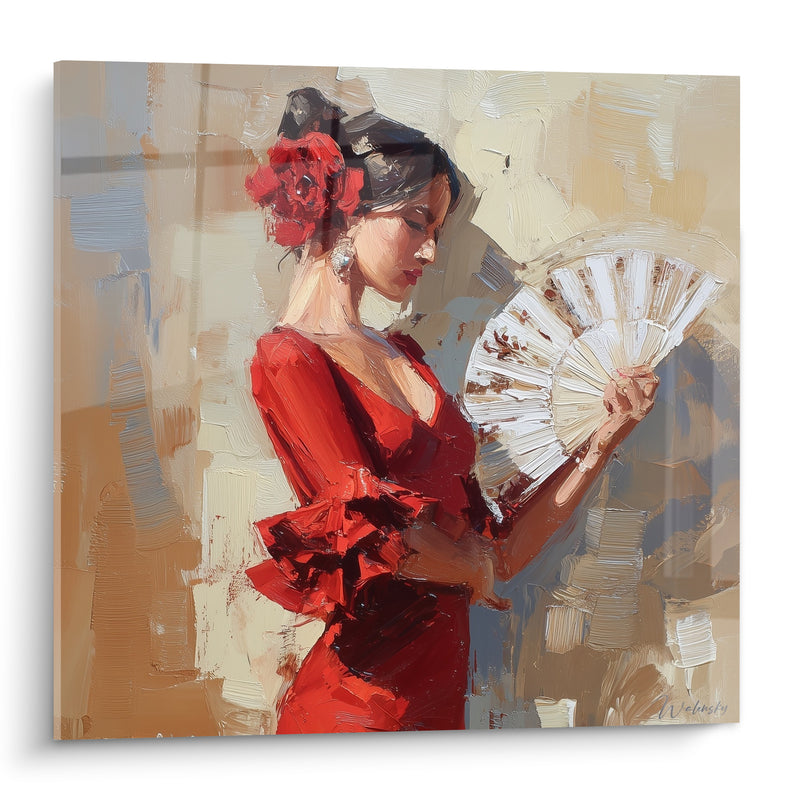 Tableau Danseuse robe rouge fleur écarlate éventail - Silence avant le geste - Edition Danse espagnole