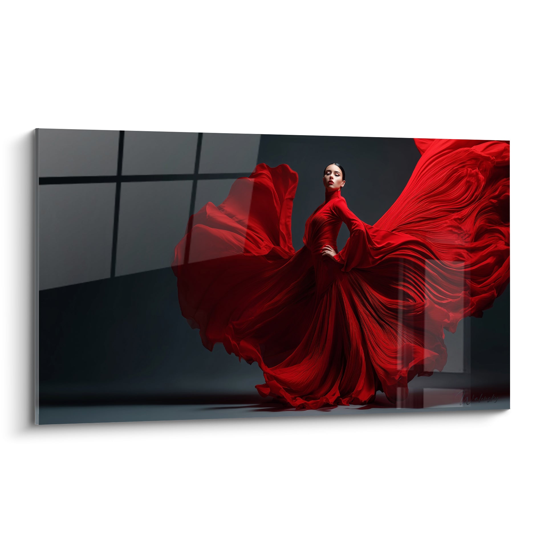 Danse espagnole : robe rouge écarlate déployée sur fond gris anthracite structuré
