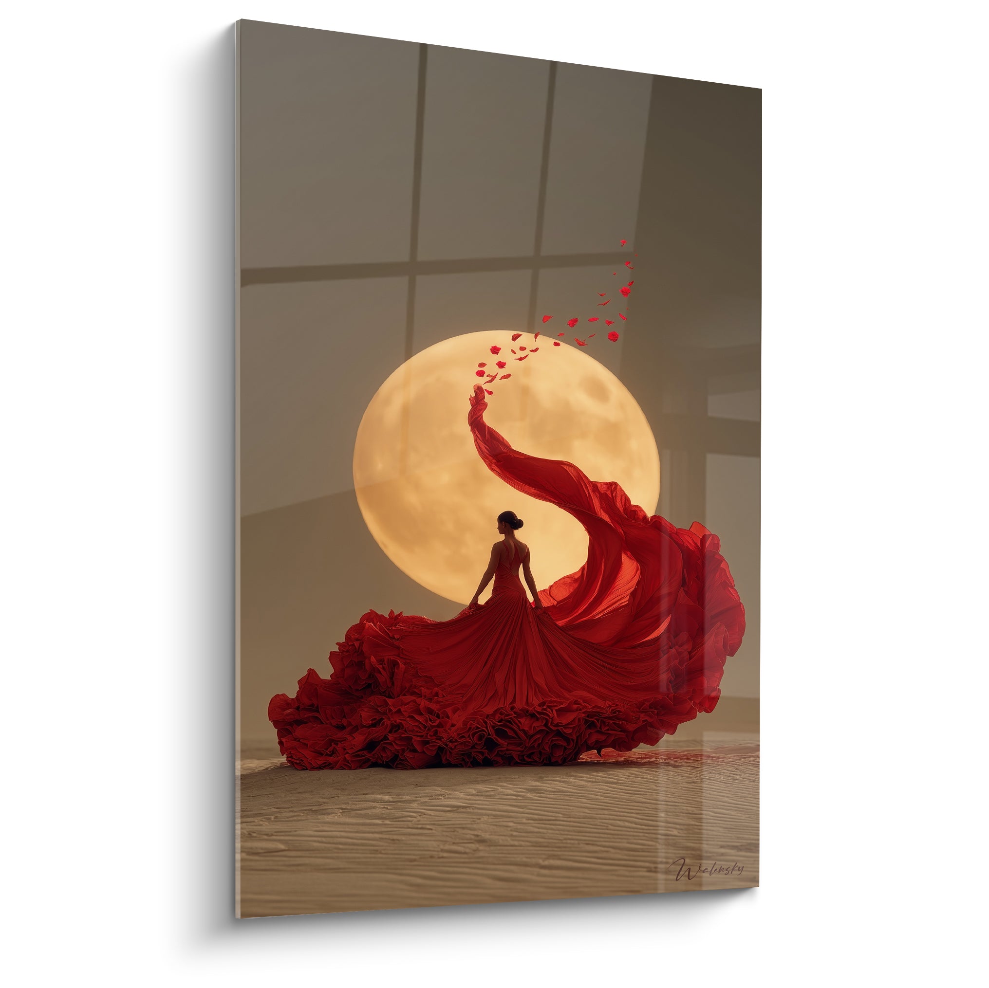Danse espagnole en robe rouge ample face à une lune dorée sur fond beige et gris