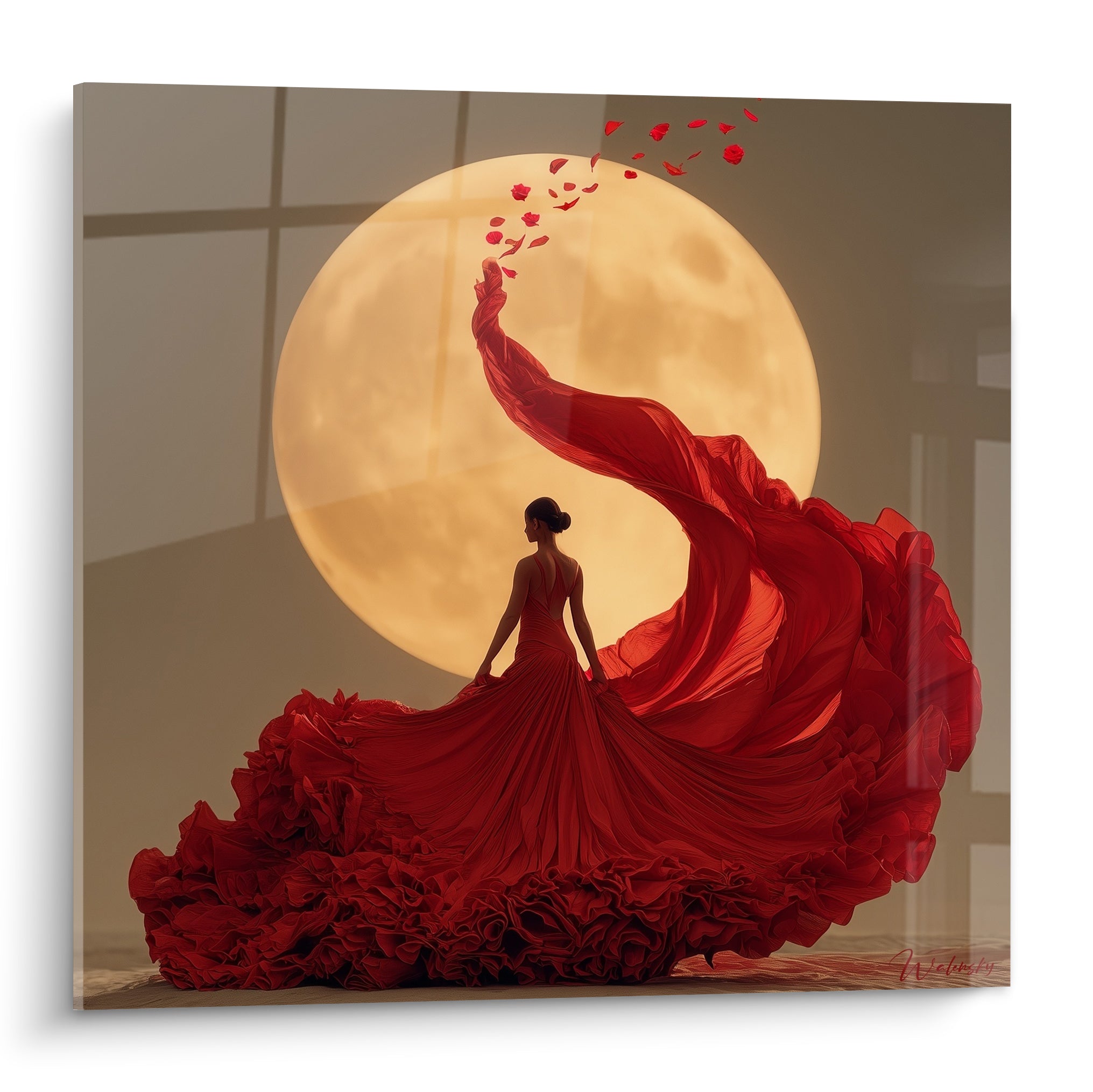 Danse espagnole en robe rouge fauve déployée devant une lune ocre géante, silhouette en contre-jour