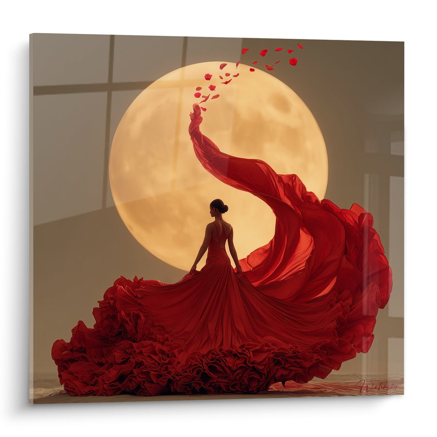 Tanzbild Tänzerin rotes Kleid goldener Mond - Atem der Leidenschaft - Spanischer Tanz Edition
