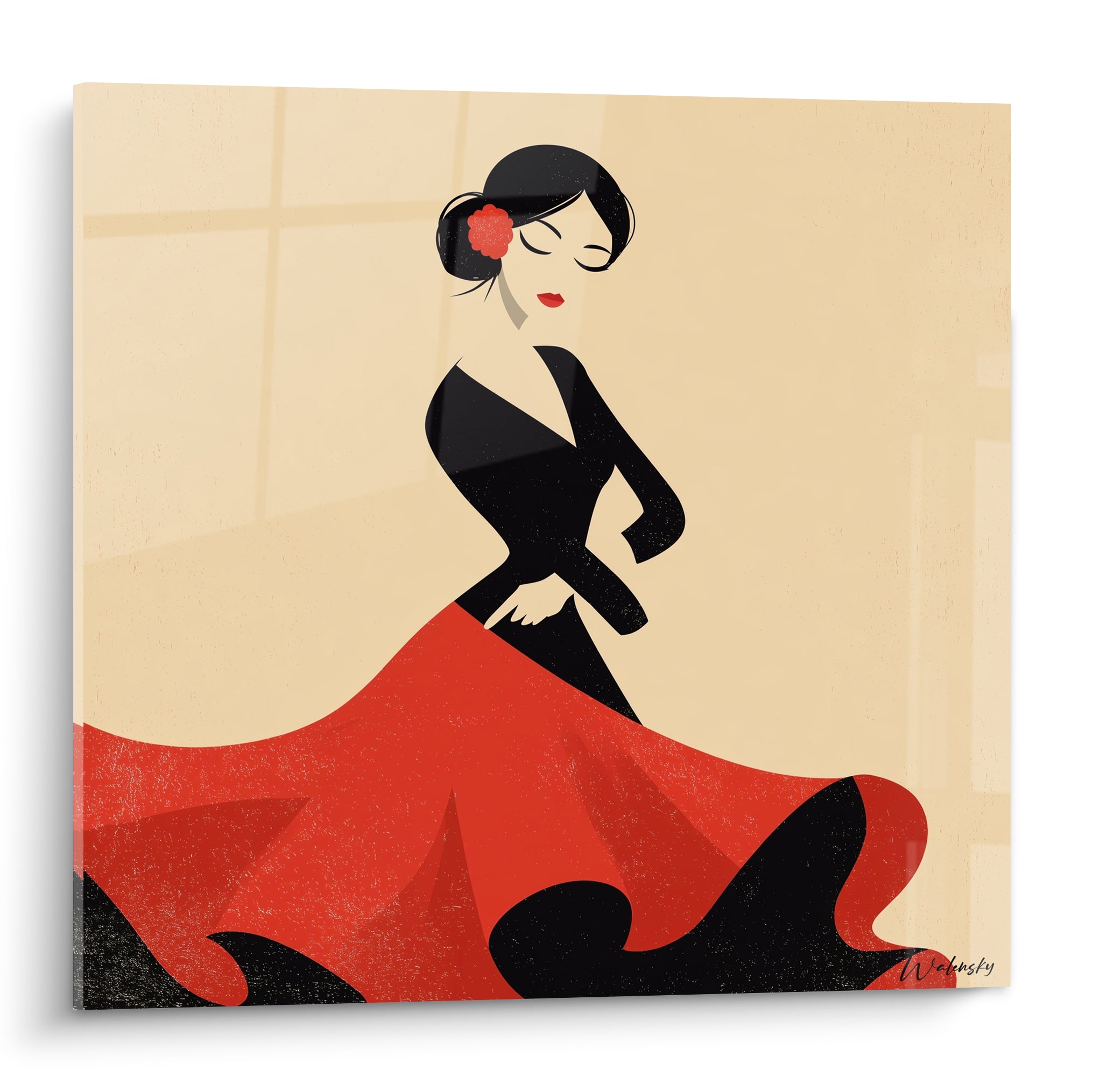 Danseuse de flamenco en robe rouge et noire, chignon orné d'une fleur, fond crème texturé