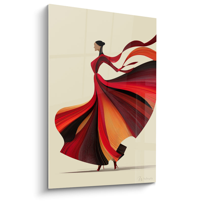Tableau Danseuse rouge et orange aux volants striés - Longue traîne ondulante - Edition Danse espagnole