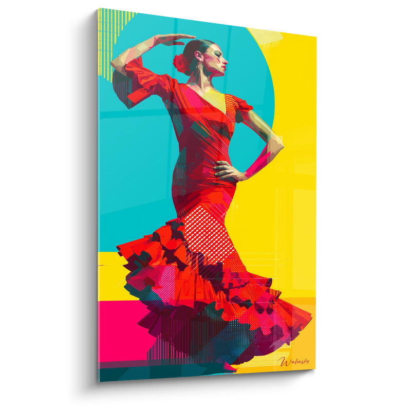 Tableau Danseuse robe rouge fond turquoise et jaune - Volants à pois blancs - Edition Danse espagnole