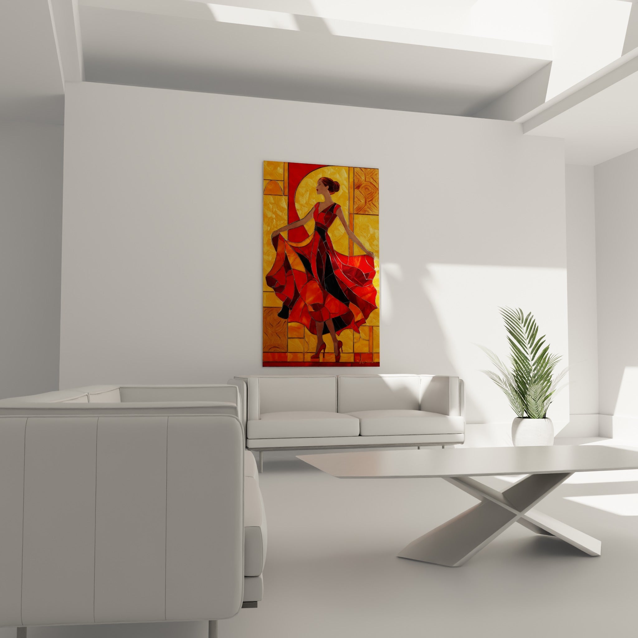 Robe rouge virevoltante d'une danseuse flamenco sur fond doré, au-dessus d'un canapé dans un salon lumineux