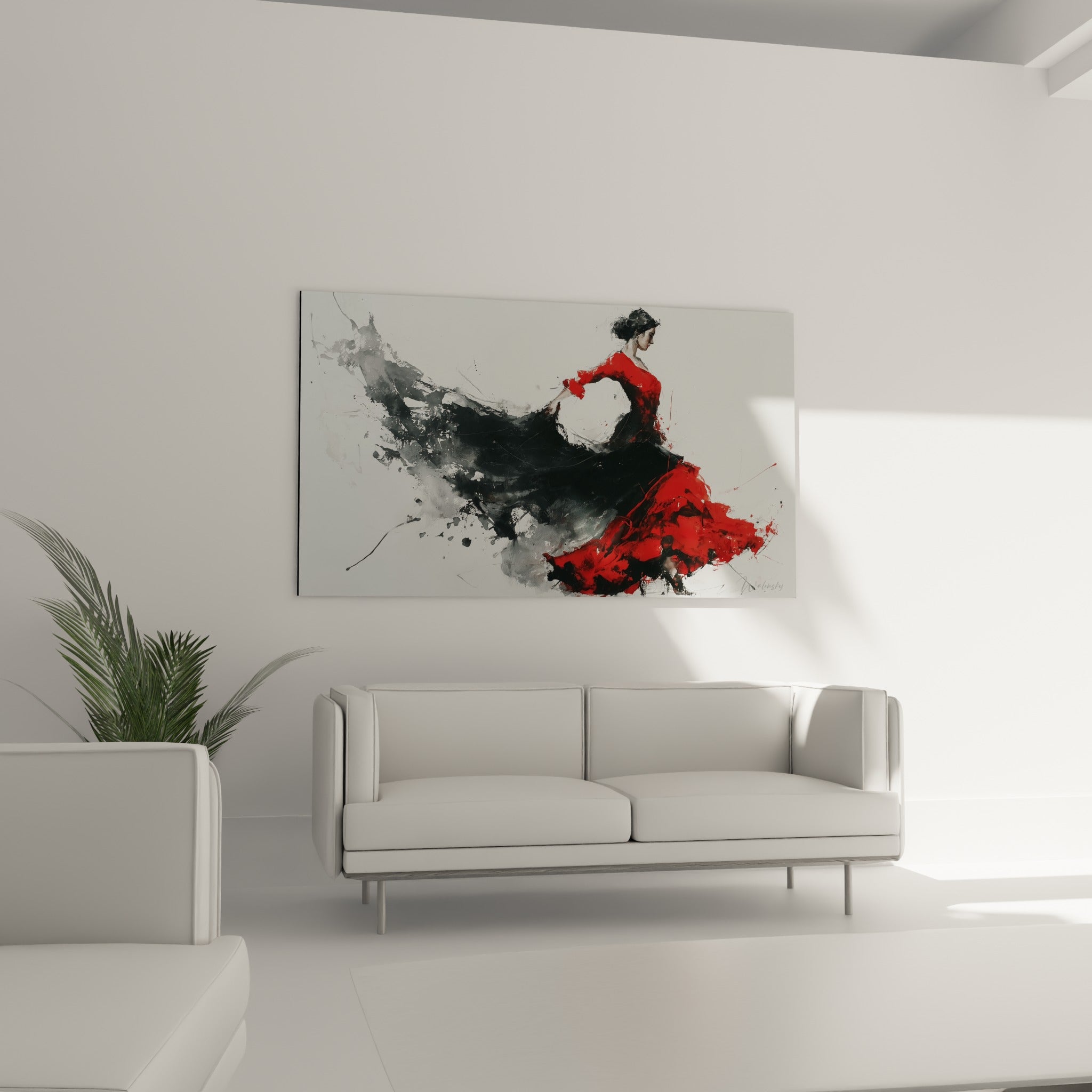 Flamenco rouge écarlate et noir anthracite en plein mouvement, au-dessus d'un canapé dans un salon lumineux
