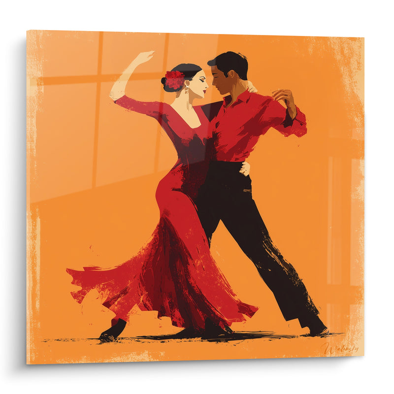 Tableau Danseurs de flamenco robe rouge fond orange - Élan passionné - Edition Danse espagnole