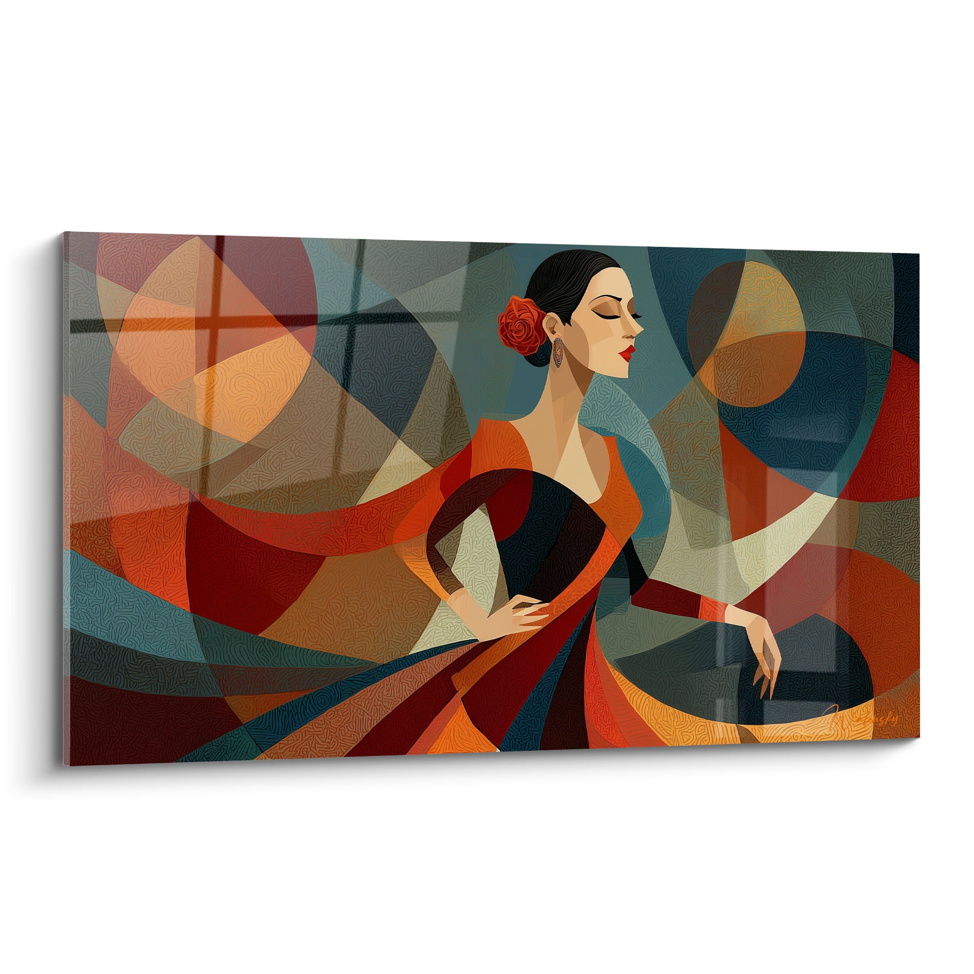 Danseuse espagnole en robe rouge terracotta et bleu pétrole, composition cubiste aux formes géométriques