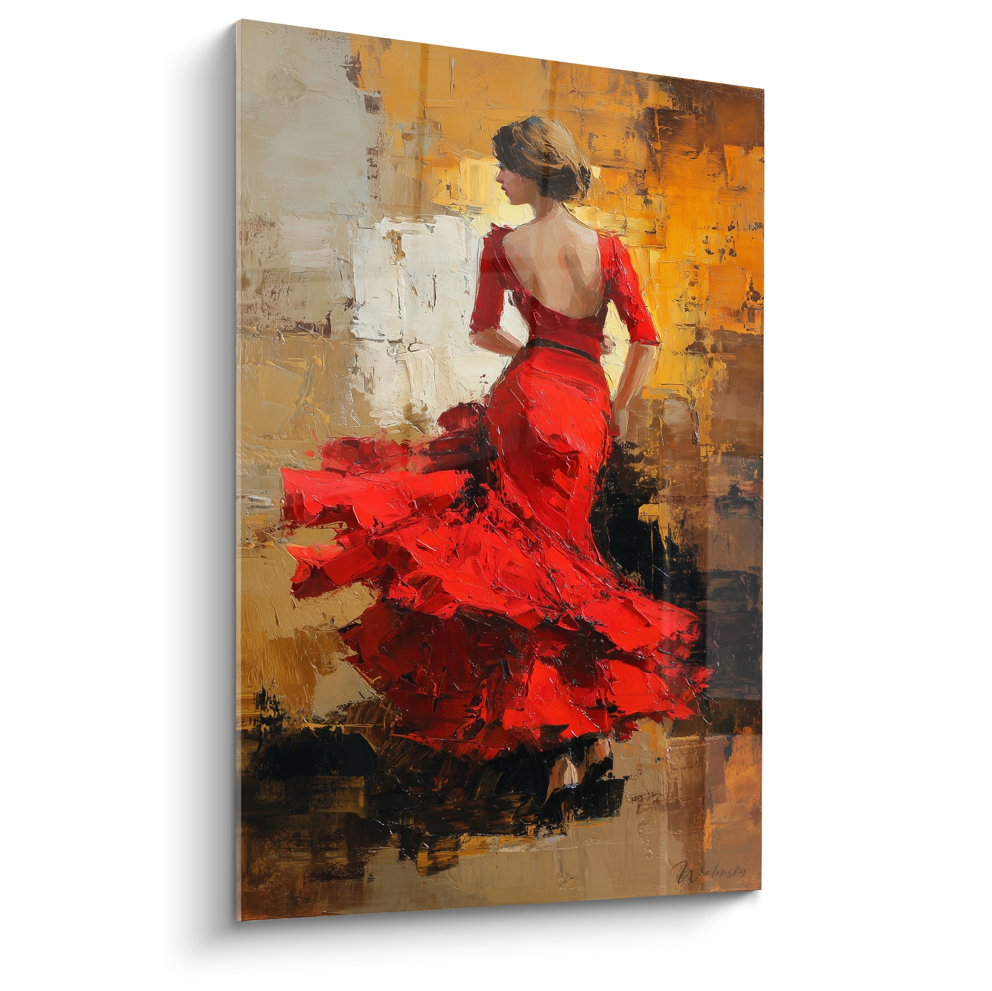 Danseuse en robe rouge flamboyante tournoie sur un fond doré et anthracite texturé