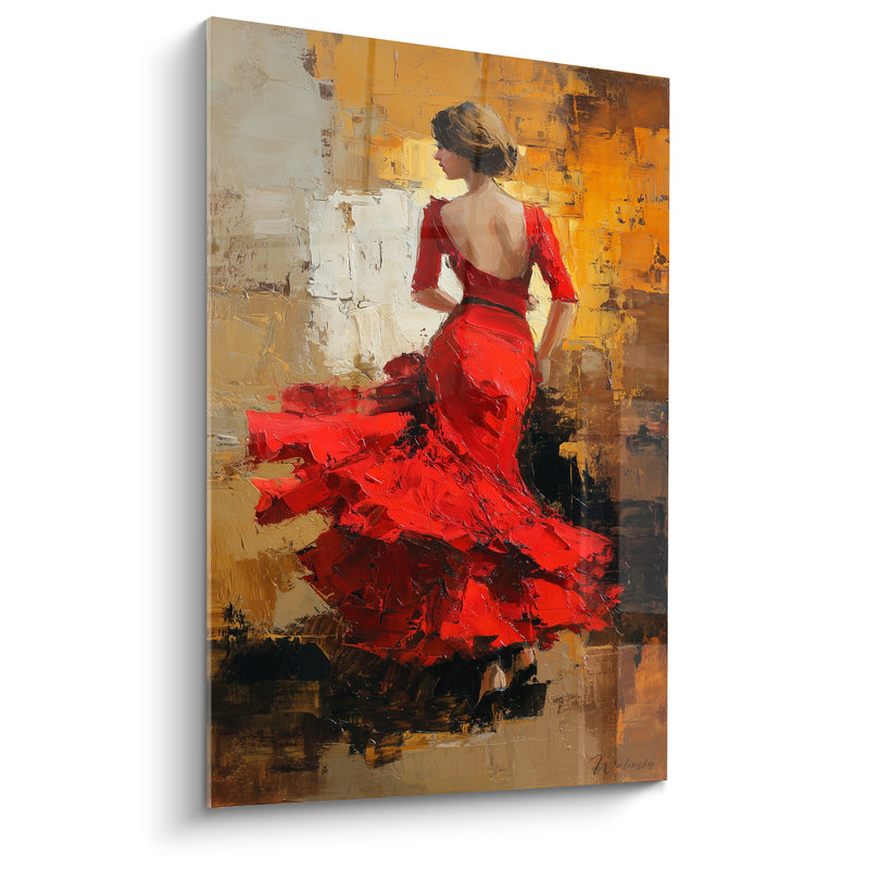 Tableau Danseuse robe rouge dos nu volants sculptés - Chignon blond et empâtements - Edition Danse espagnole