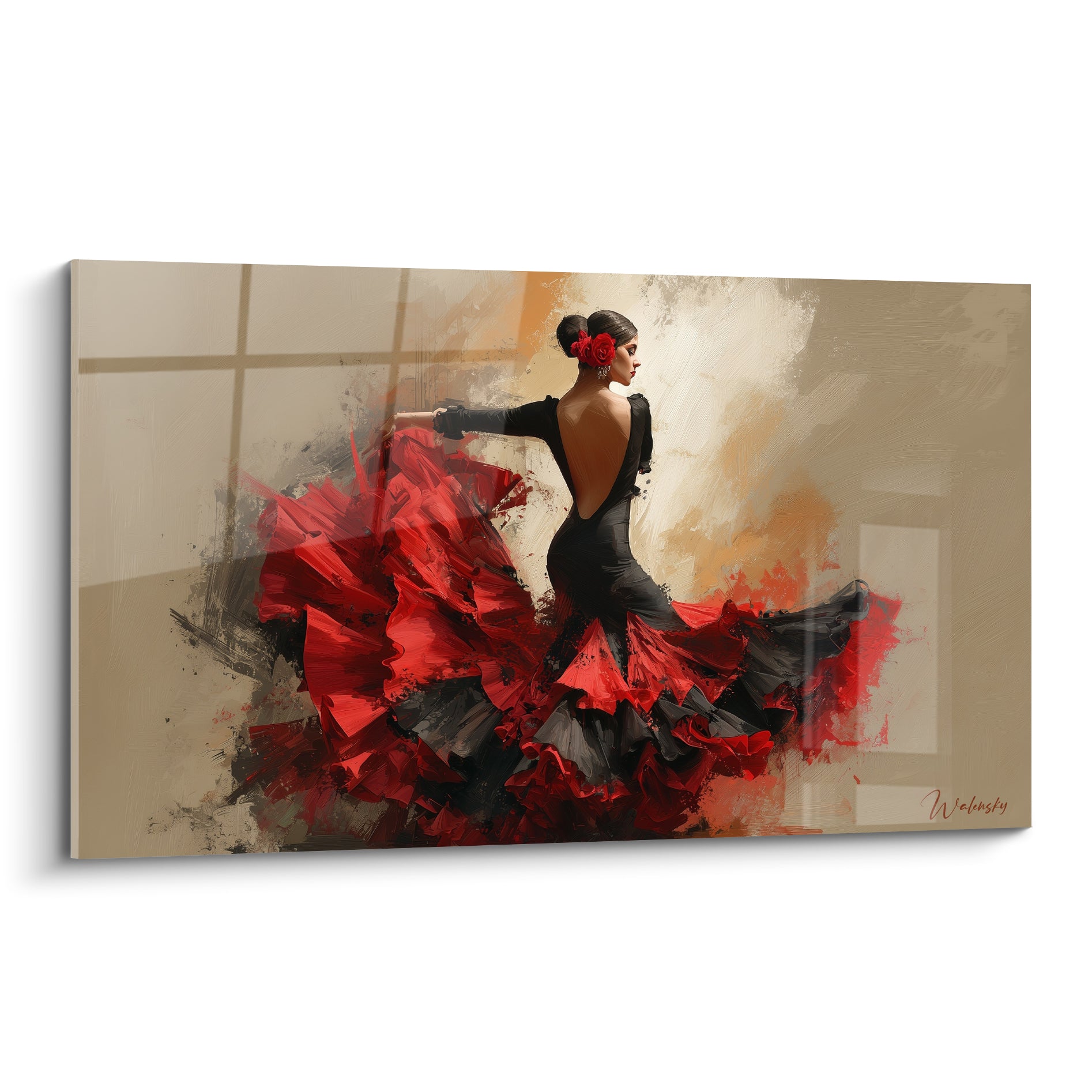 Danseuse en robe rouge et noire tourbillonnante, geste flamenco sur fond beige texturé