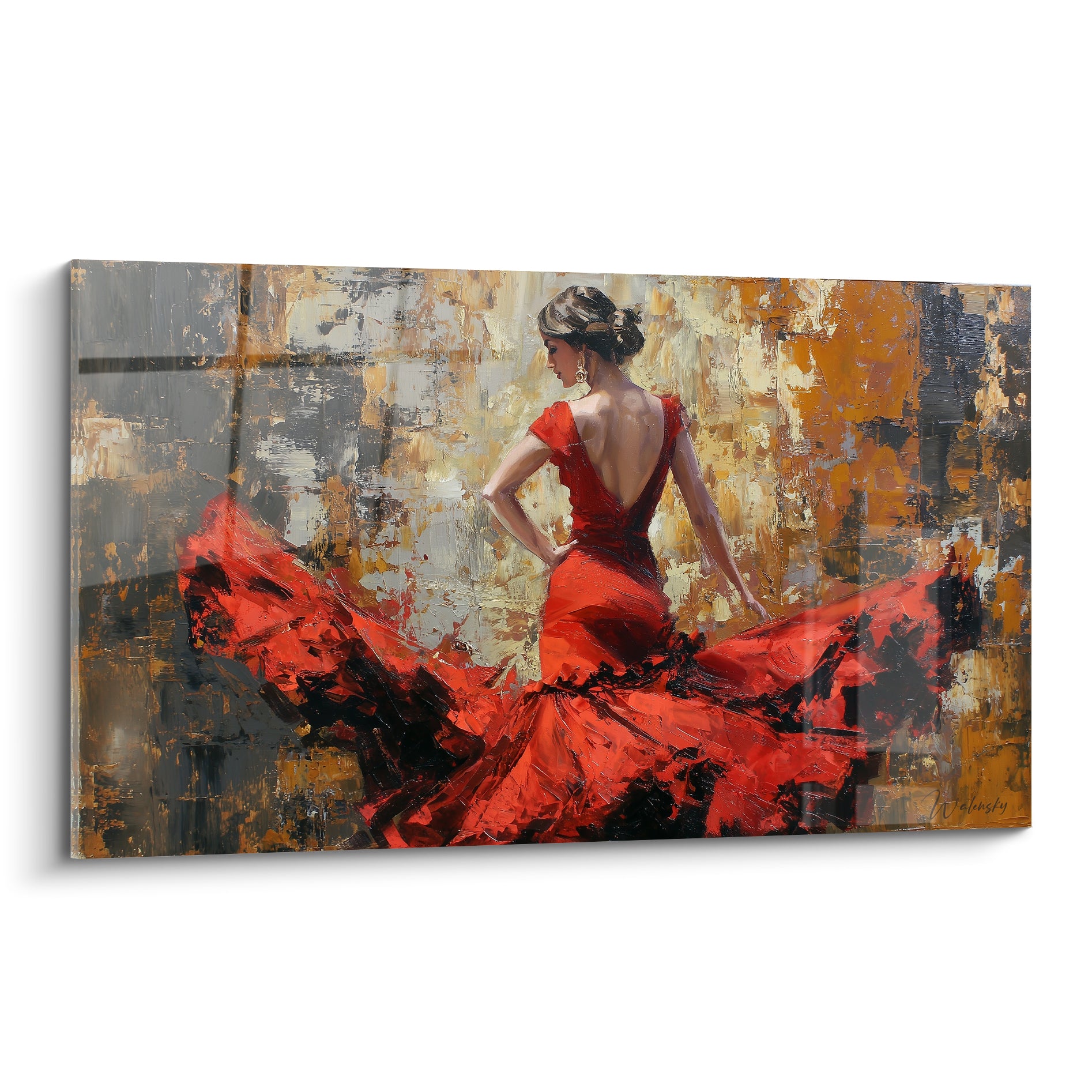 Danseuse de danse espagnole en robe rouge vermillon tourbillonnante sur fond ocre et gris texturé