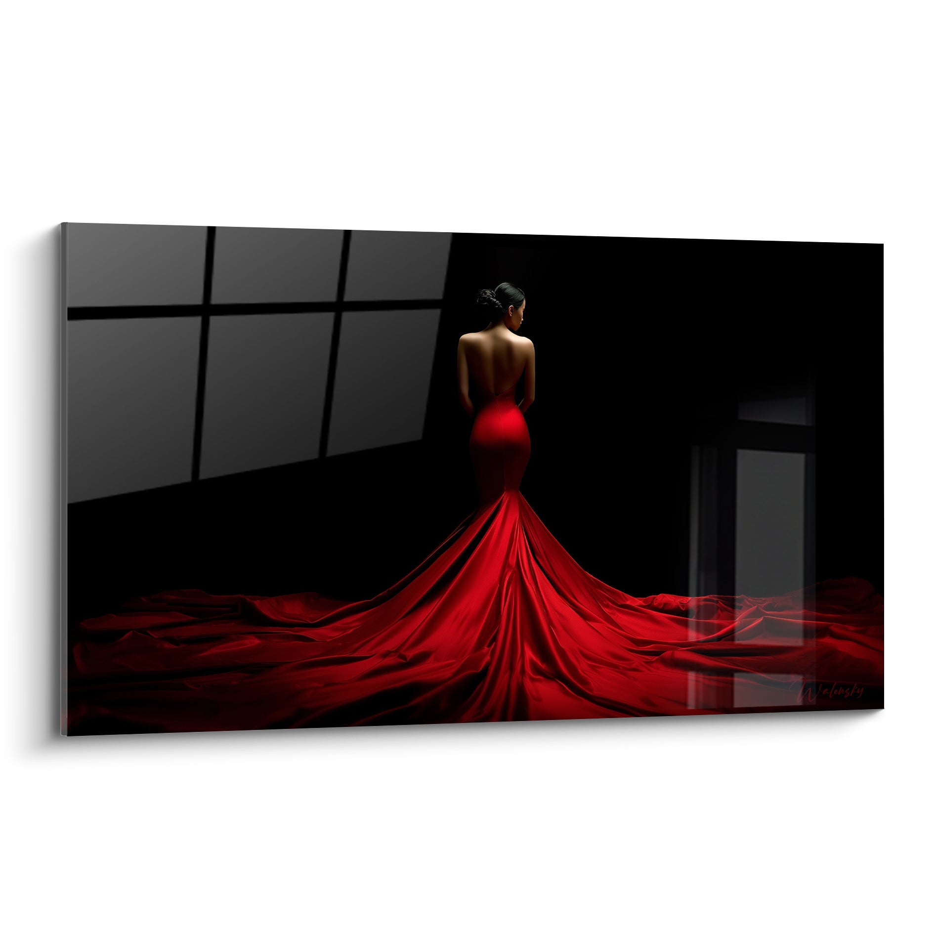 Silhouette en robe rouge satinée sur fond noir profond, traîne déployée au sol, tableau danse espagnole