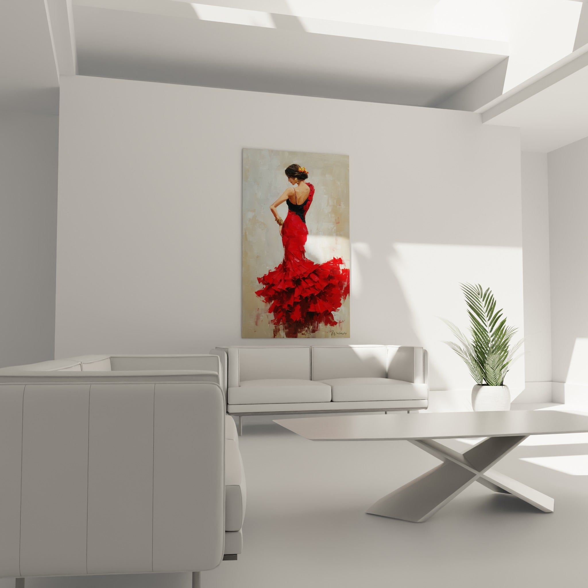 Robe rouge vif et fleur orangée dans les cheveux, œuvre placée au-dessus d'un canapé dans un salon lumineux