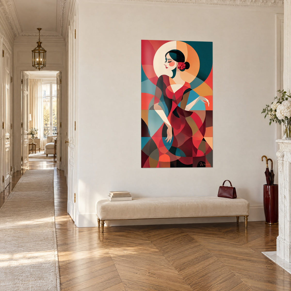 Tableau gitane de profil à la fleur écarlate, éventail de cercles bleu pétrole et orange, dans un couloir haussmannien