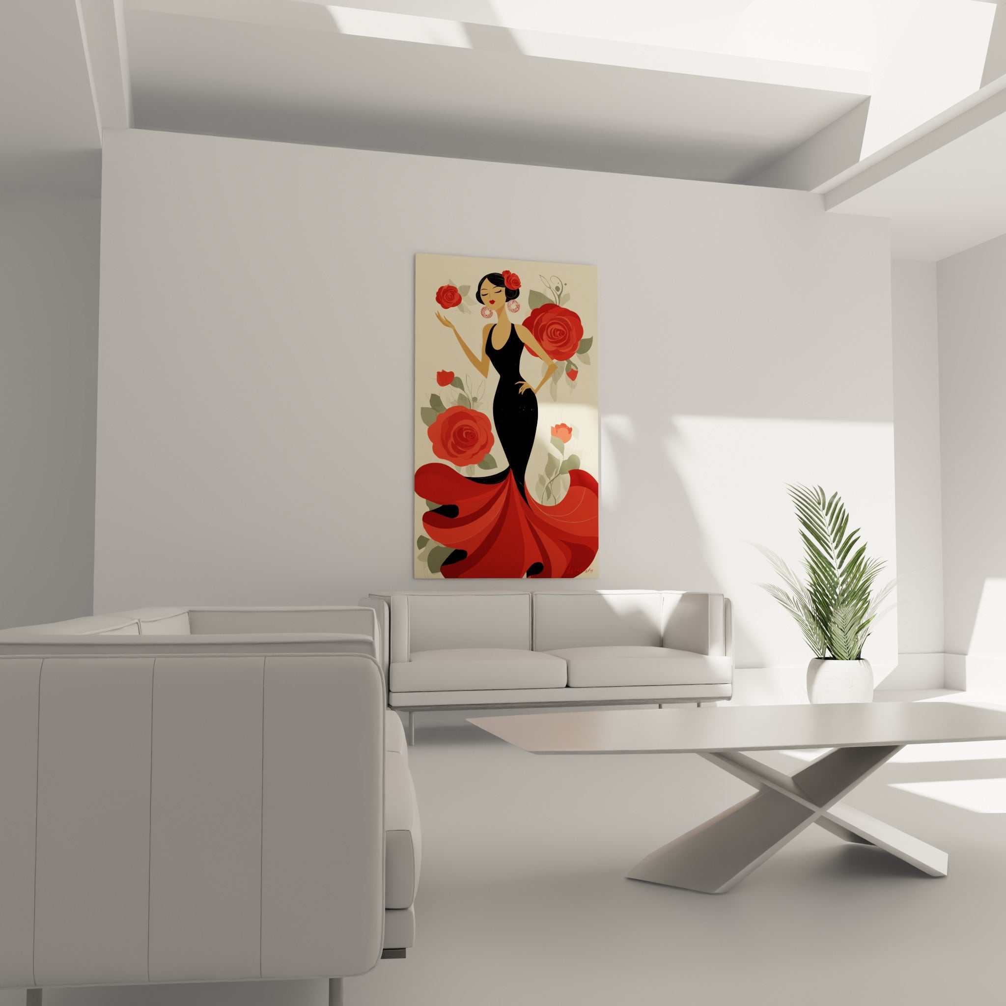 Femme en danse espagnole cambrée, robe rouge tourbillonnante, au-dessus d'un canapé dans un salon lumineux