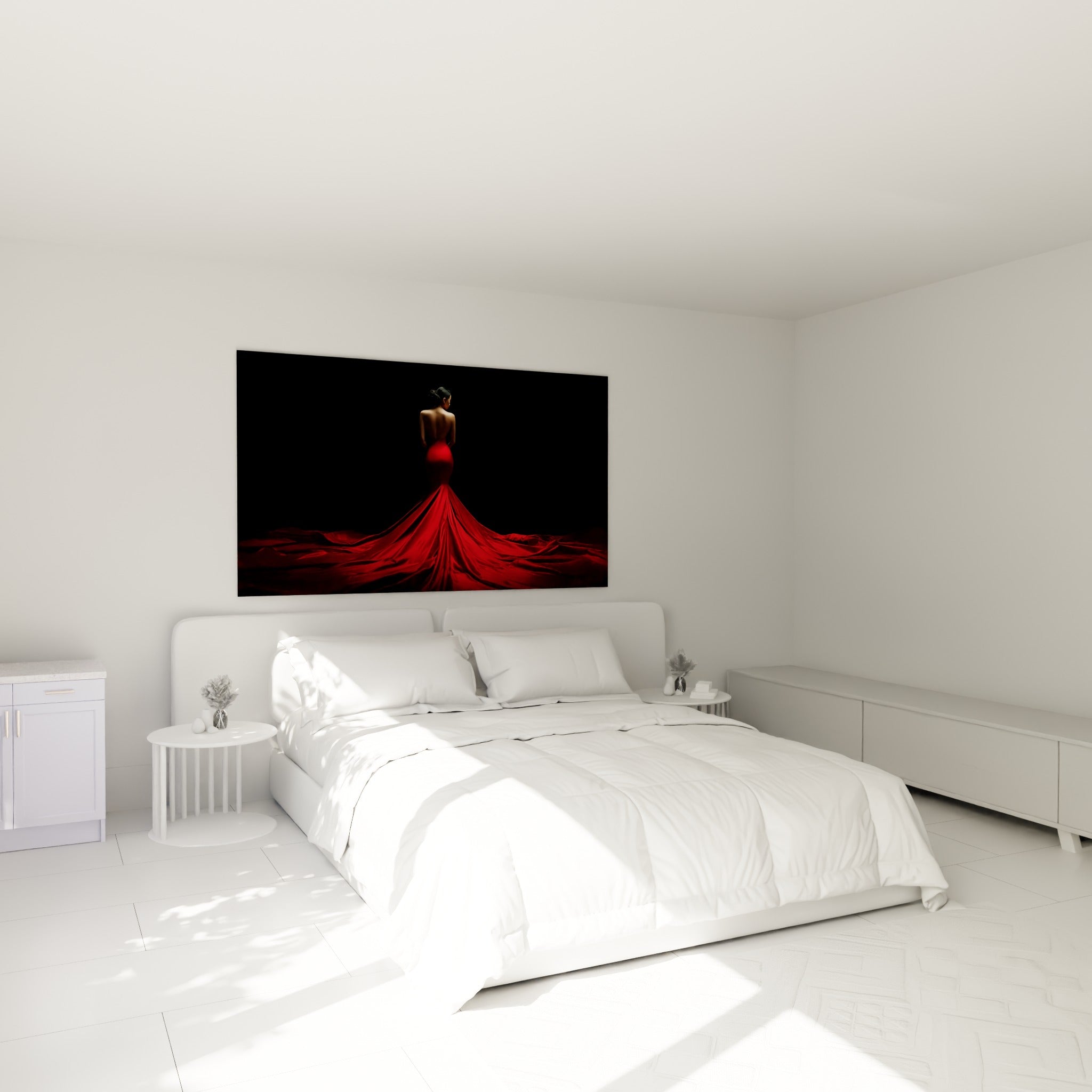 Femme dos nu drapée de rouge écarlate, tableau danse espagnole au-dessus d'un lit dans une chambre claire