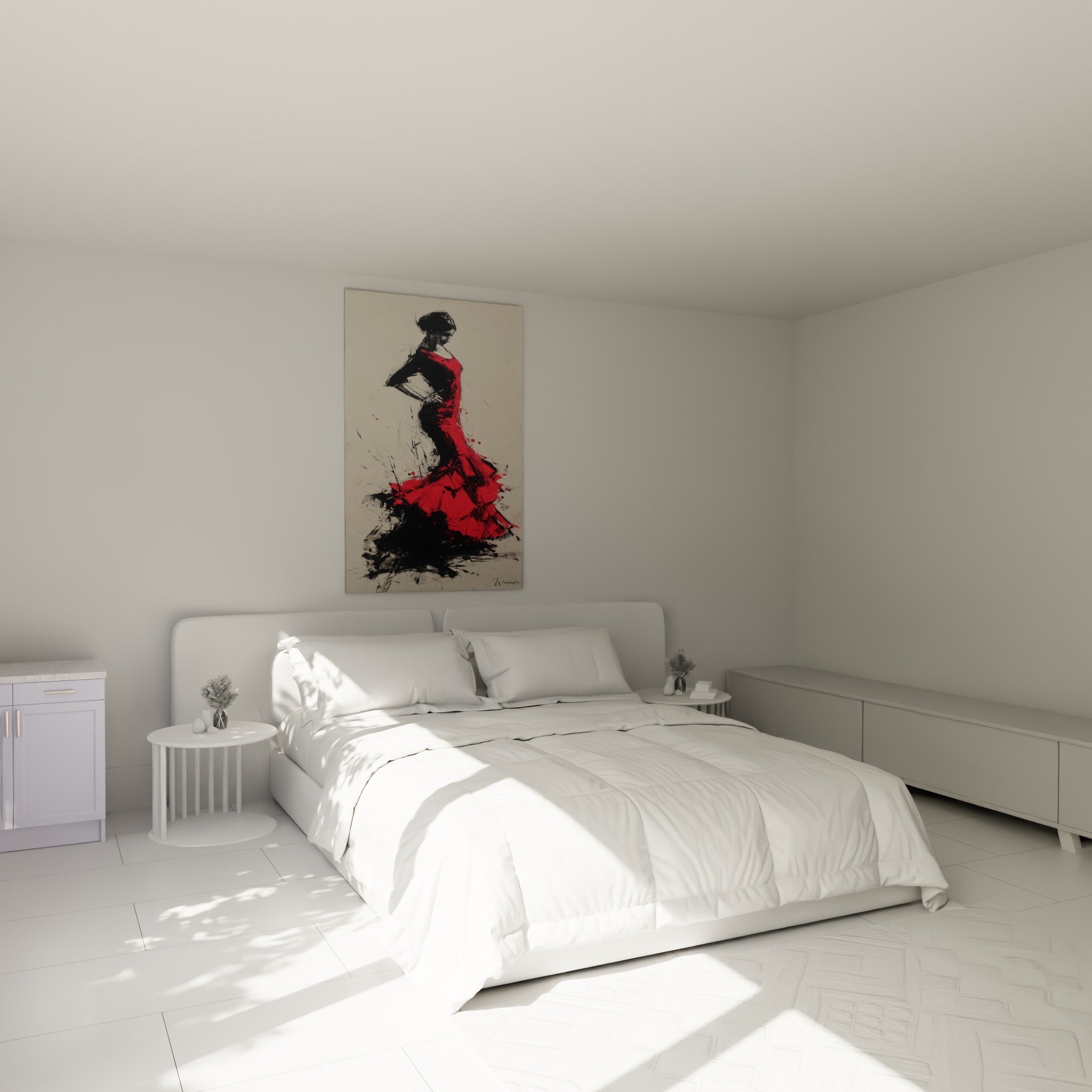 Silhouette de danseuse flamenco rouge et noire au-dessus d'un lit dans une chambre claire