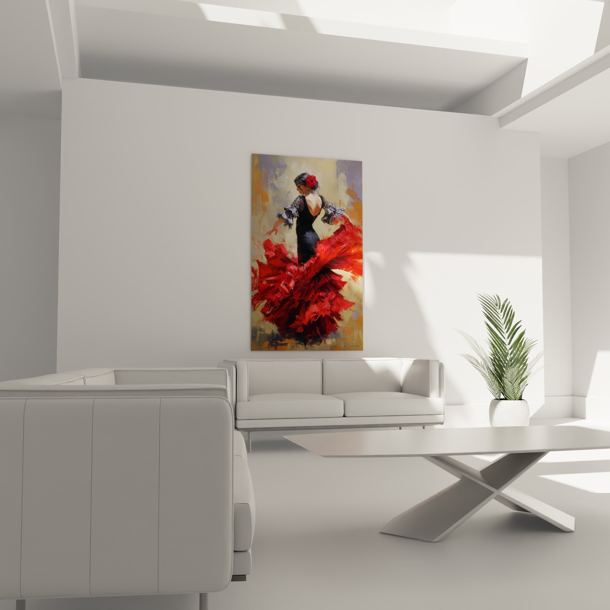 Silhouette de danseuse espagnole aux tons rouge et gris, au-dessus d'un canapé dans un salon lumineux