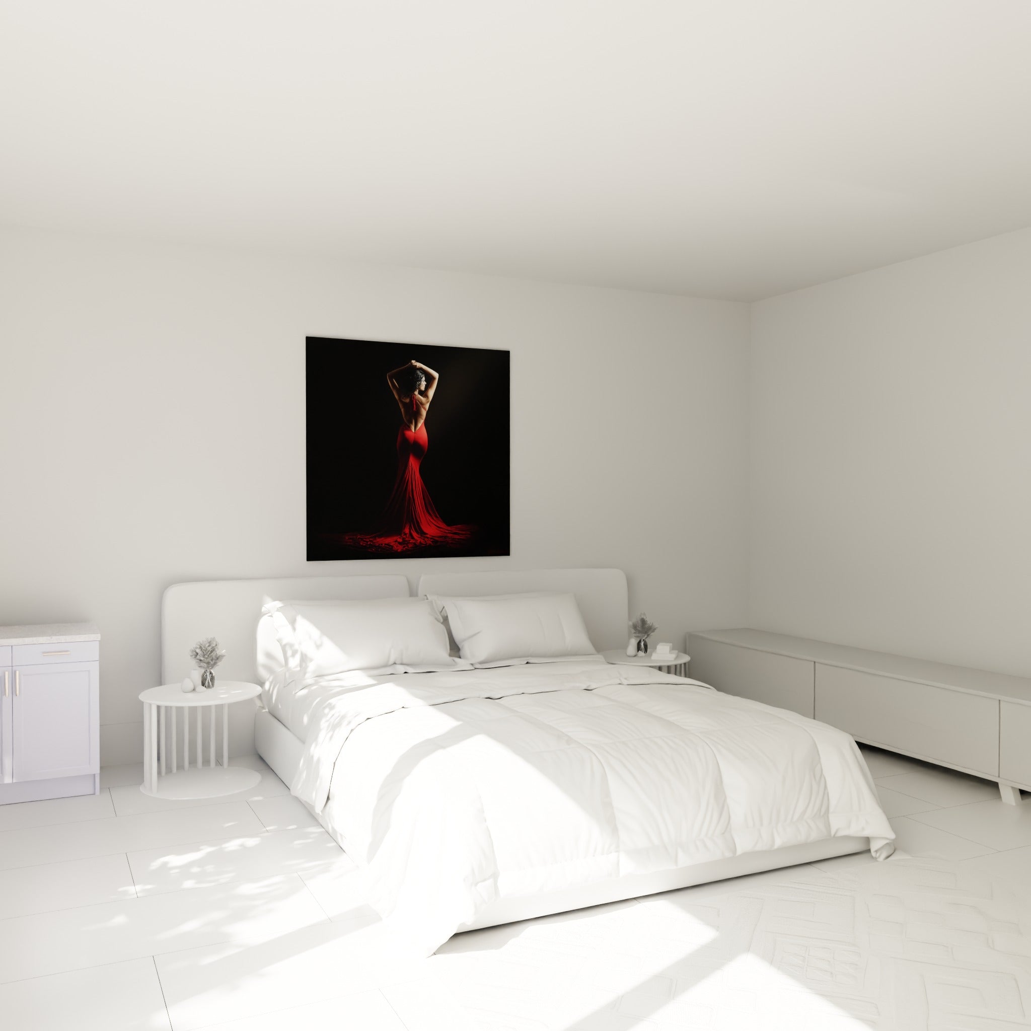 Silhouette en robe rouge sur fond noir, danse espagnole, au-dessus d'un lit dans une chambre claire