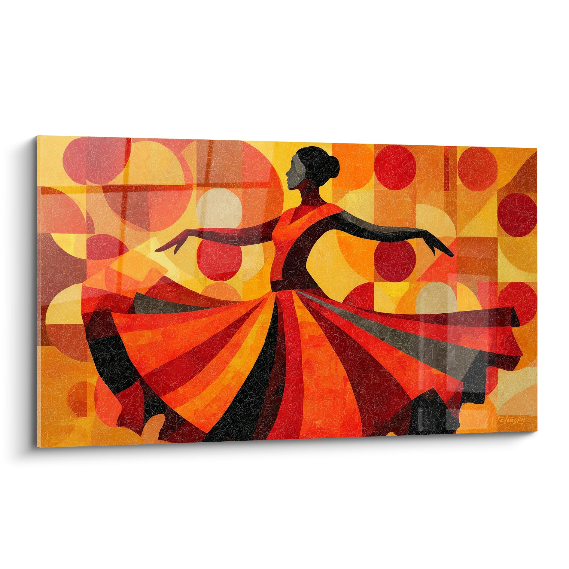 Danseuse noire en plein flamenco, jupe rouge et ocre déployée, tableau danse espagnole graphique