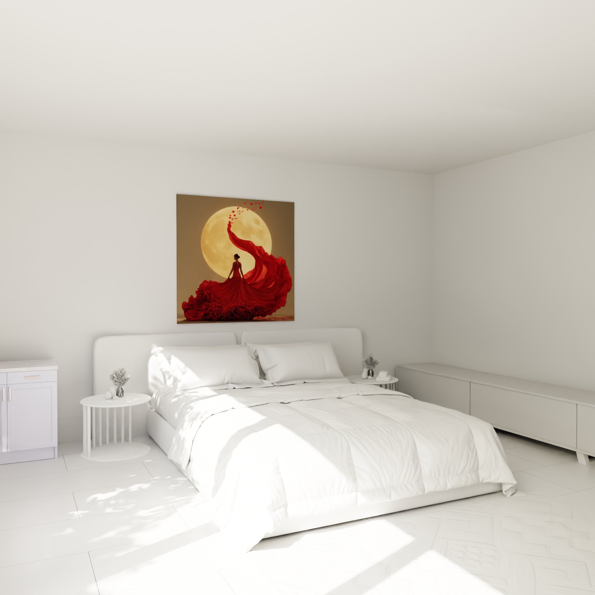 Silhouette rouge et dorée de Danse espagnole flottant au-dessus d'un lit dans une chambre claire