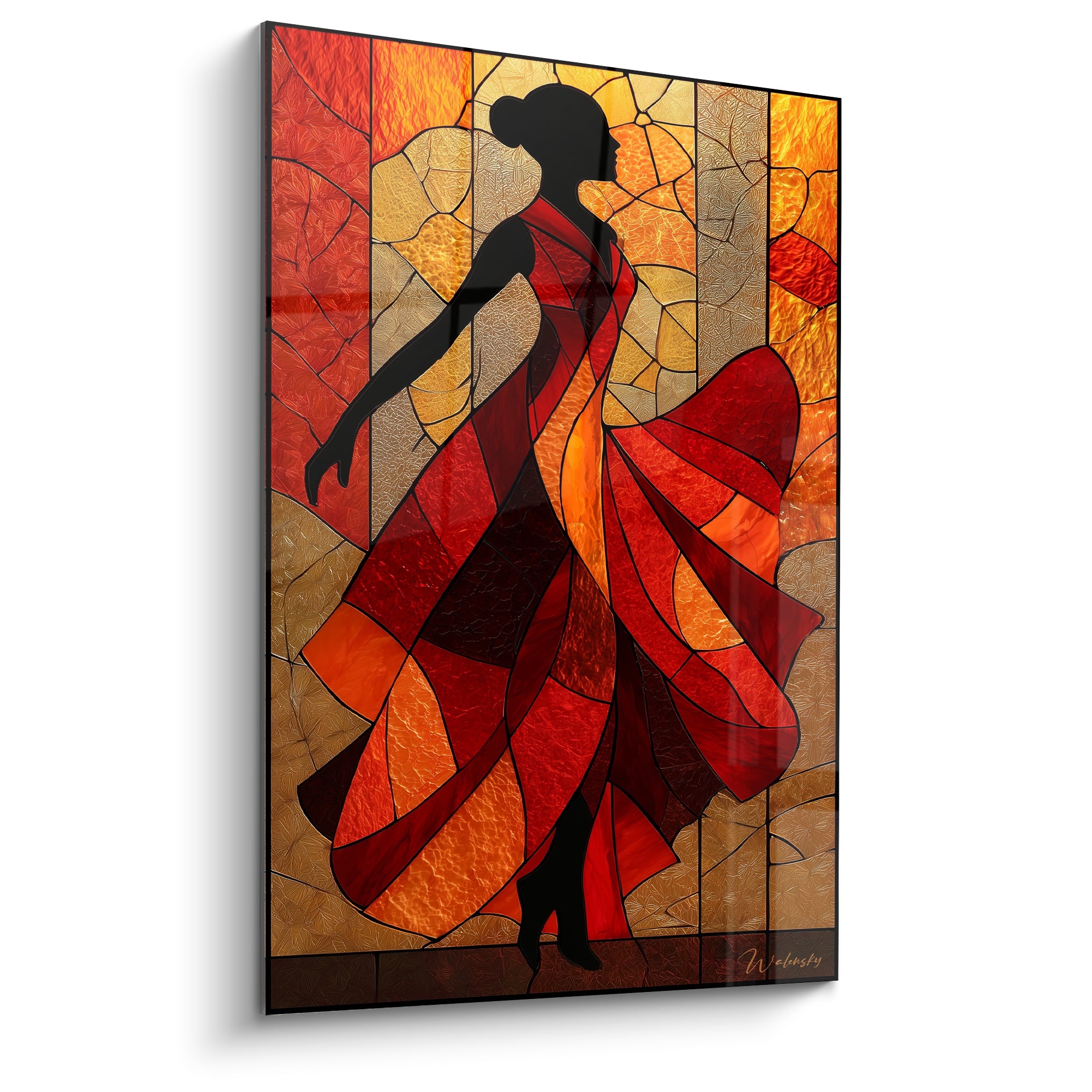 Danseuse en silhouette noire, robe rouge et fond doré façon vitrail, tableau Danse espagnole