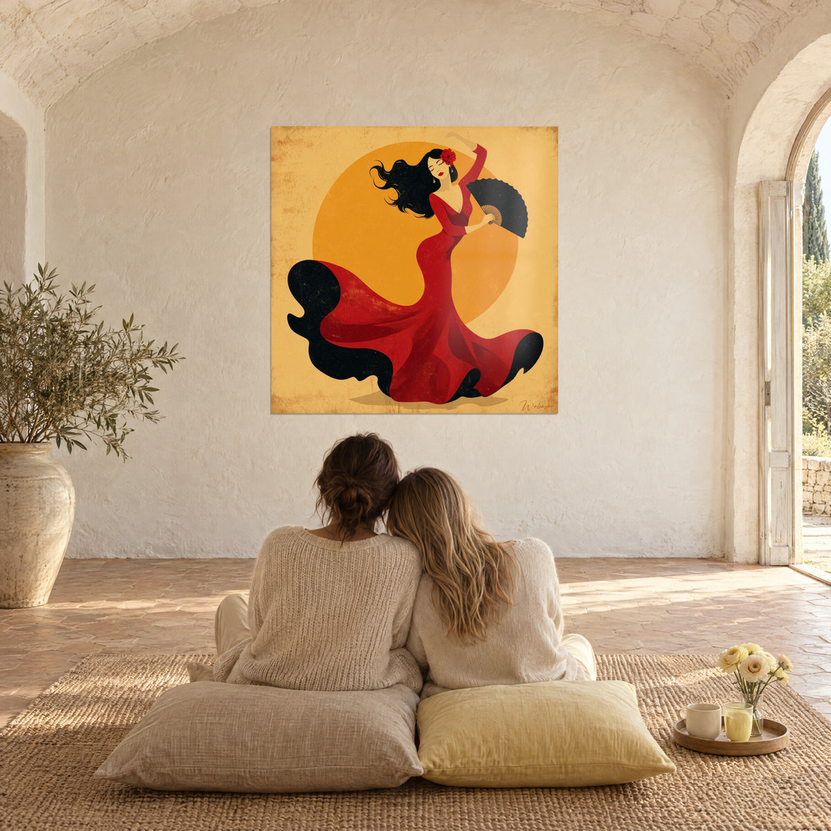 Quadro flamenco stilizzato, ballerina rossa e nera davanti a un grande sole dorato, di fronte a due persone sedute su cuscini beige