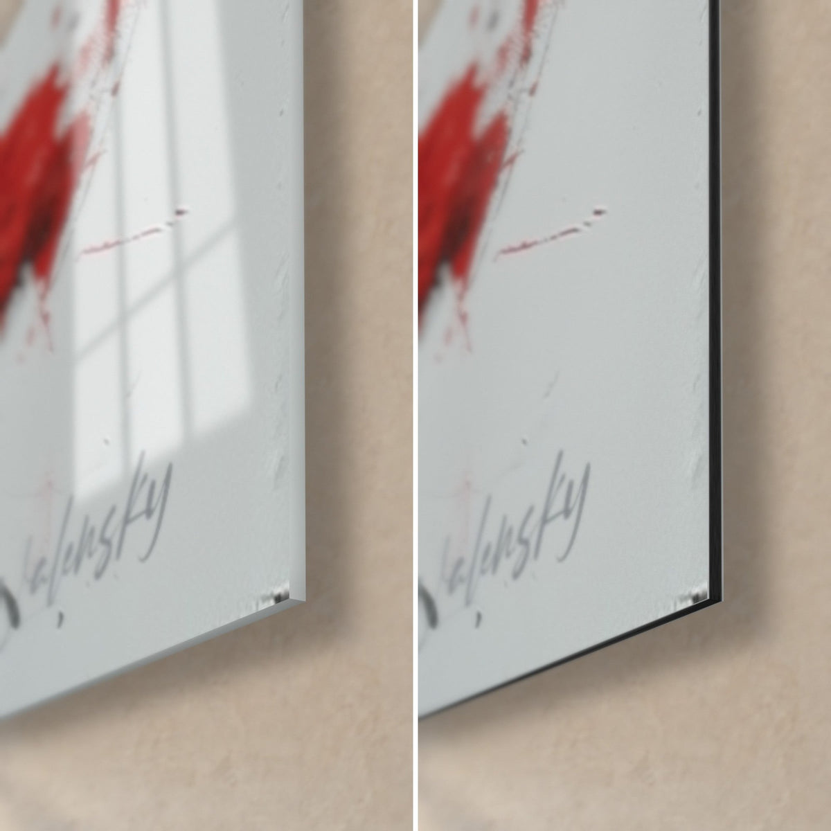 Tableau bailaora en robe rouge éclaboussée, coin bas droit : verre brillant à gauche, alu Dibond mat à droite, tranche noire de 3 mm