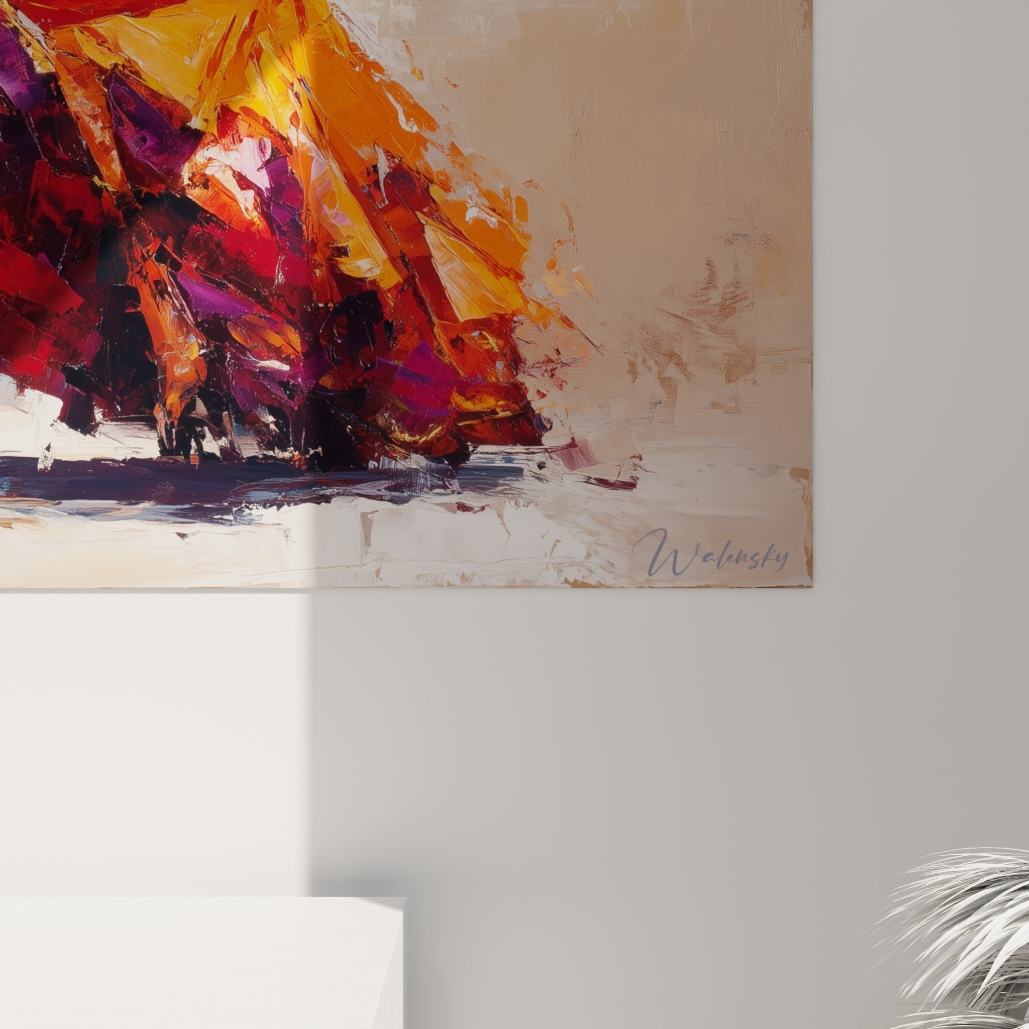 Empâtements épais et coulures orange, rouge et violette révélant la matière picturale de la robe tourbillonnante