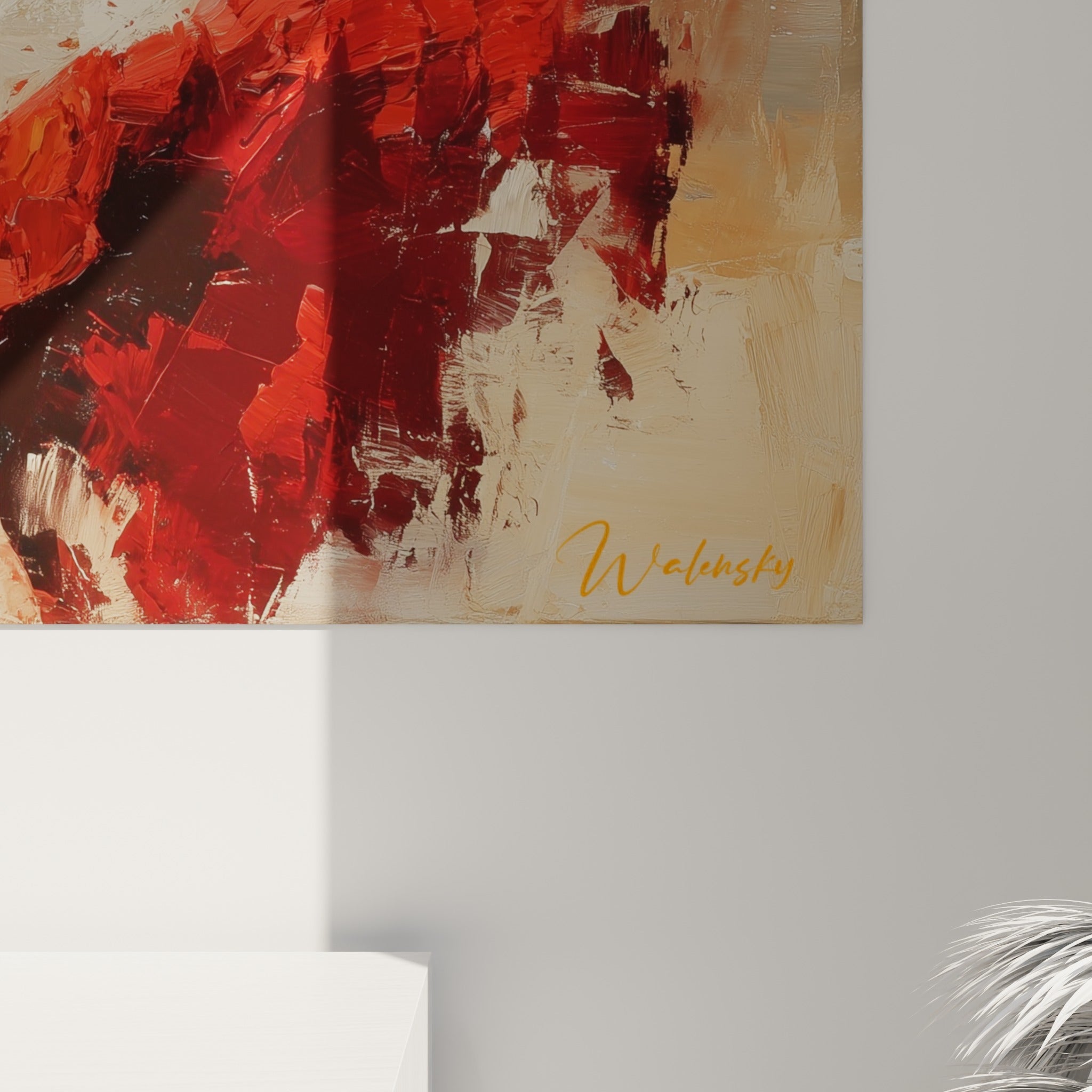 Empâtements de peinture rouge et gris visibles en gros plan sur la robe tourbillonnante de la danseuse