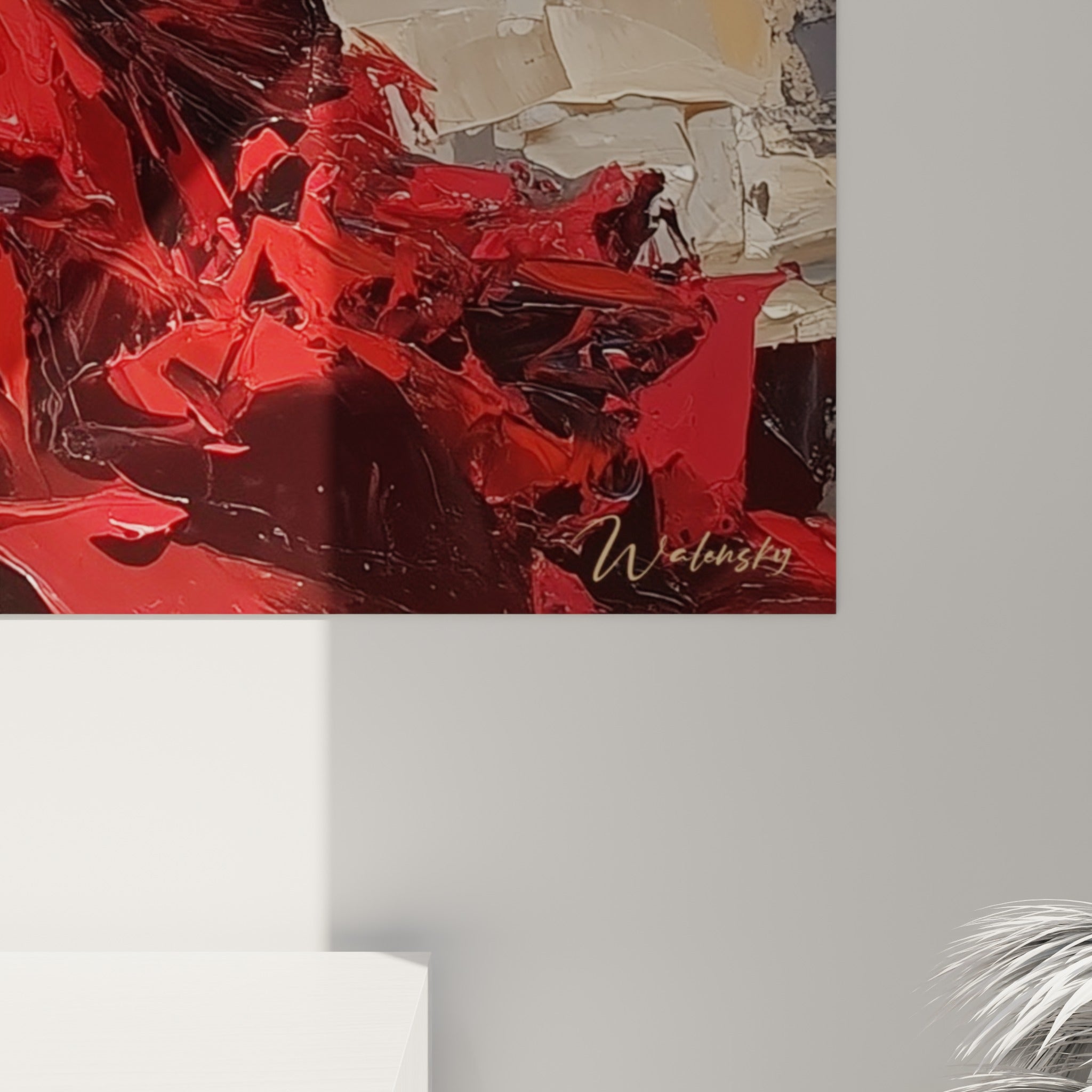 Empâtements rouges et dorés visibles de près sur cette danse espagnole, matière épaisse et coulures de peinture