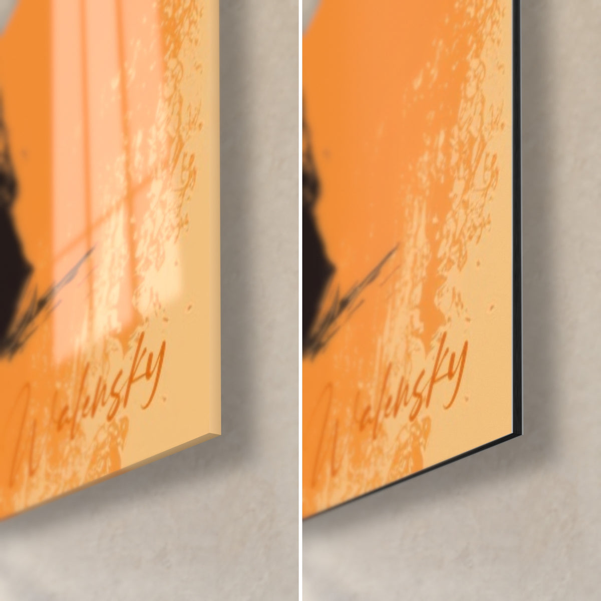 Quadro ballerini di flamenco, firma Walensky su sfondo arancione, bordo nero da 3 mm, acrilico lucido e Dibond opaco
