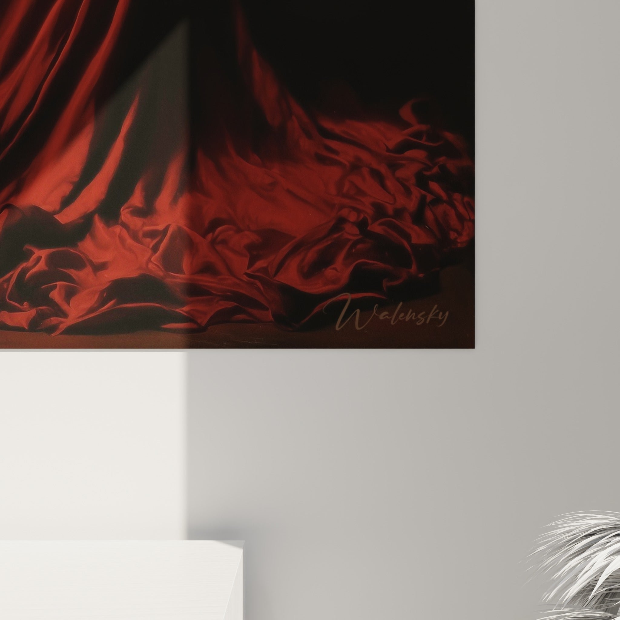 Texture soyeuse de la robe rouge sur ce tableau Danse espagnole, coulures de lumière sur le tissu bordeaux et noir