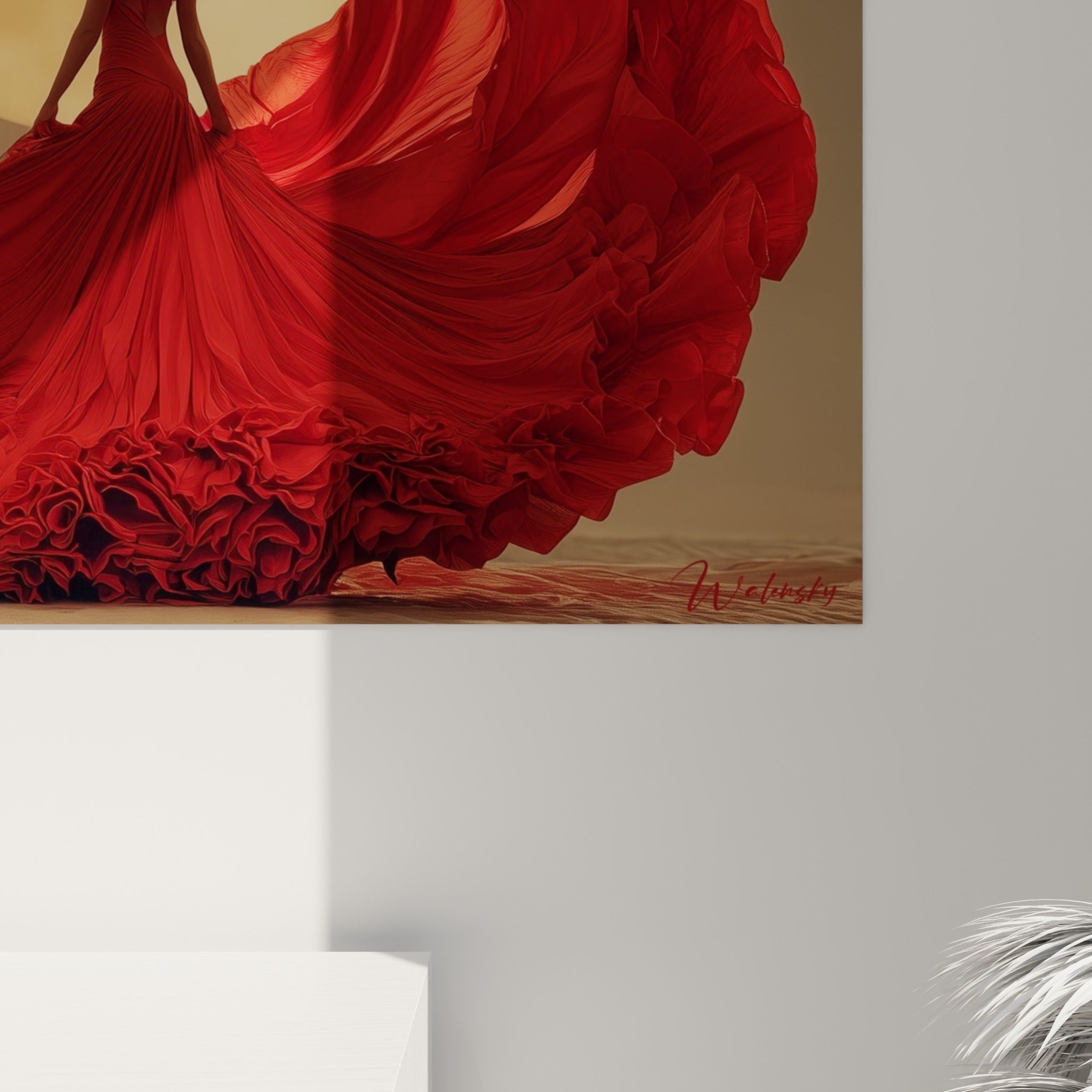 Empâtements et plis du tissu rouge fauve de Danse espagnole se détachant sur le grain doré de la lune