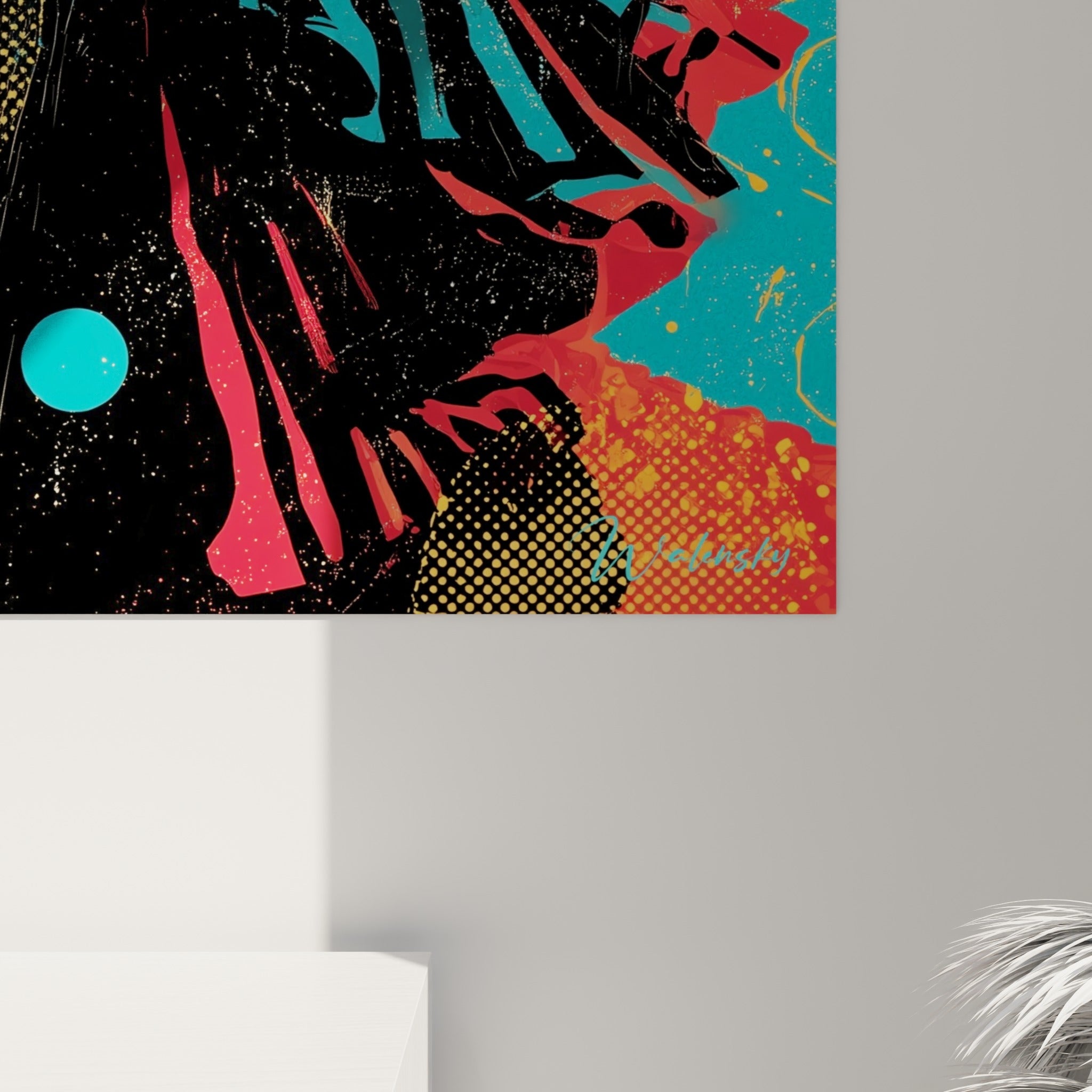 Grain et texture rétro du tableau danse espagnole, empâtements rouge, turquoise et jaune doré visibles de près