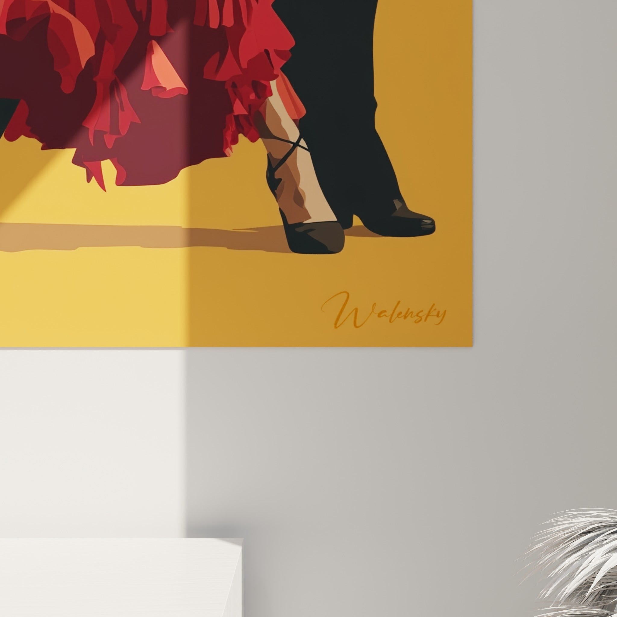 Volants du tissu rouge et éclat orangé du fond révélant la texture graphique du tableau danse espagnole