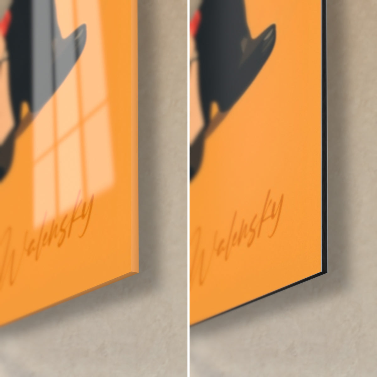Wall art flamenco dancers, Walensky signature on the orange, bottom right corner: glossy acrylic glass on the left, matte black Dibond on the right