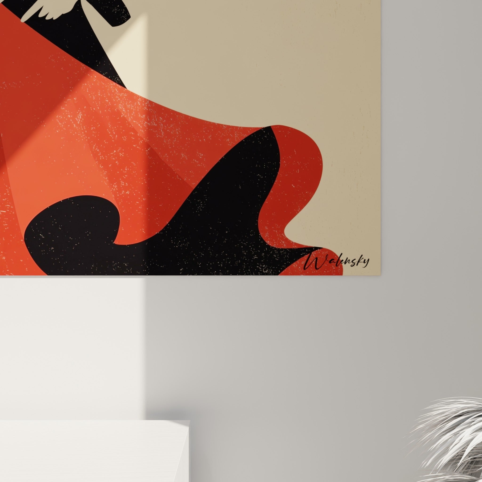 Détail des volants rouges et noirs de la robe flamenco, grain texturé et coulures visibles sur la toile