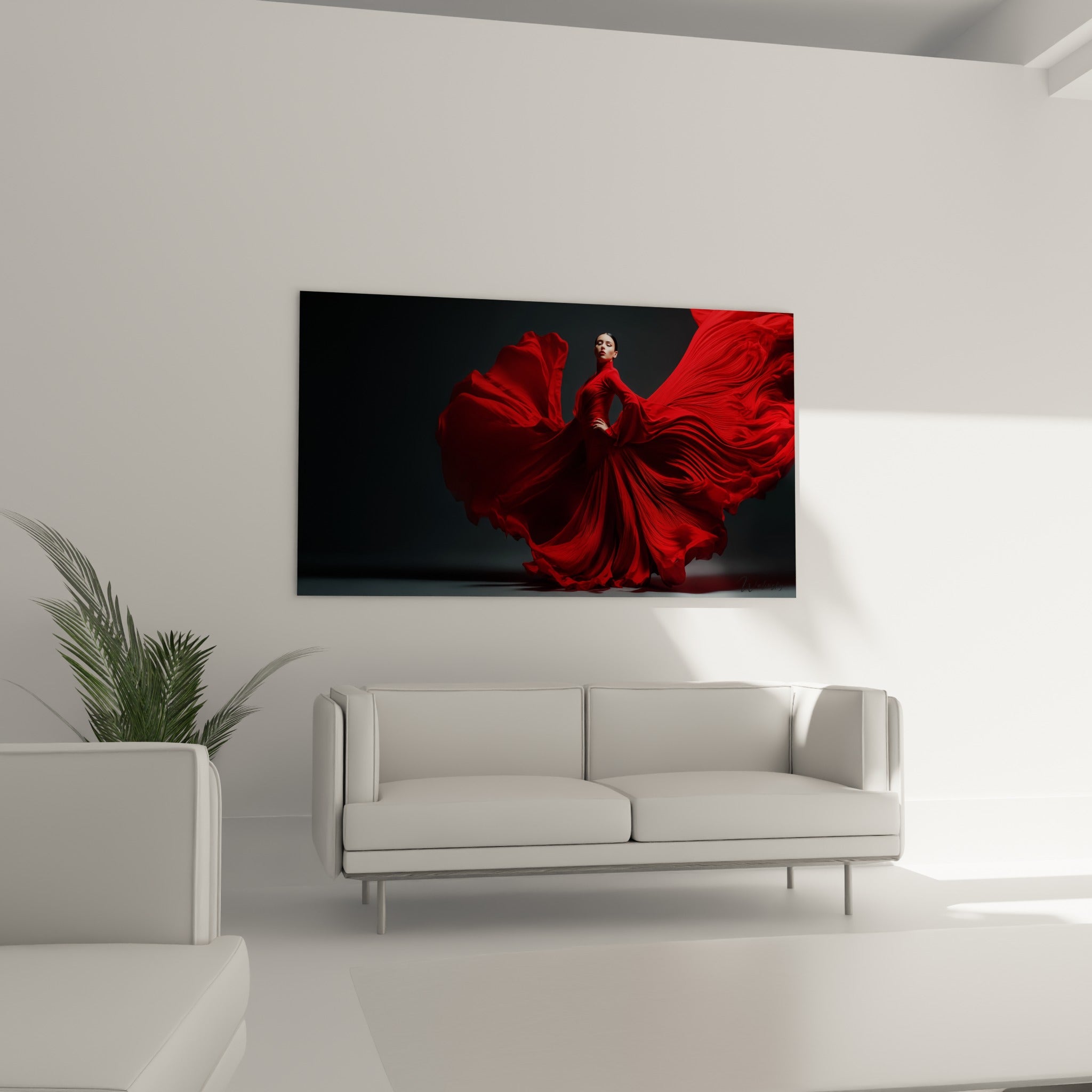 Tissu rouge ondulant en pleine danse espagnole, au-dessus d'un canapé dans un salon lumineux