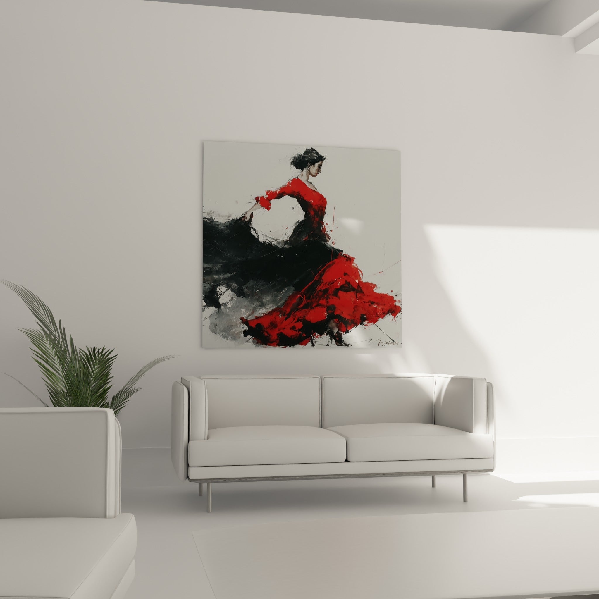 Robe écarlate déployée en vagues sombres au-dessus d'un canapé dans un salon lumineux