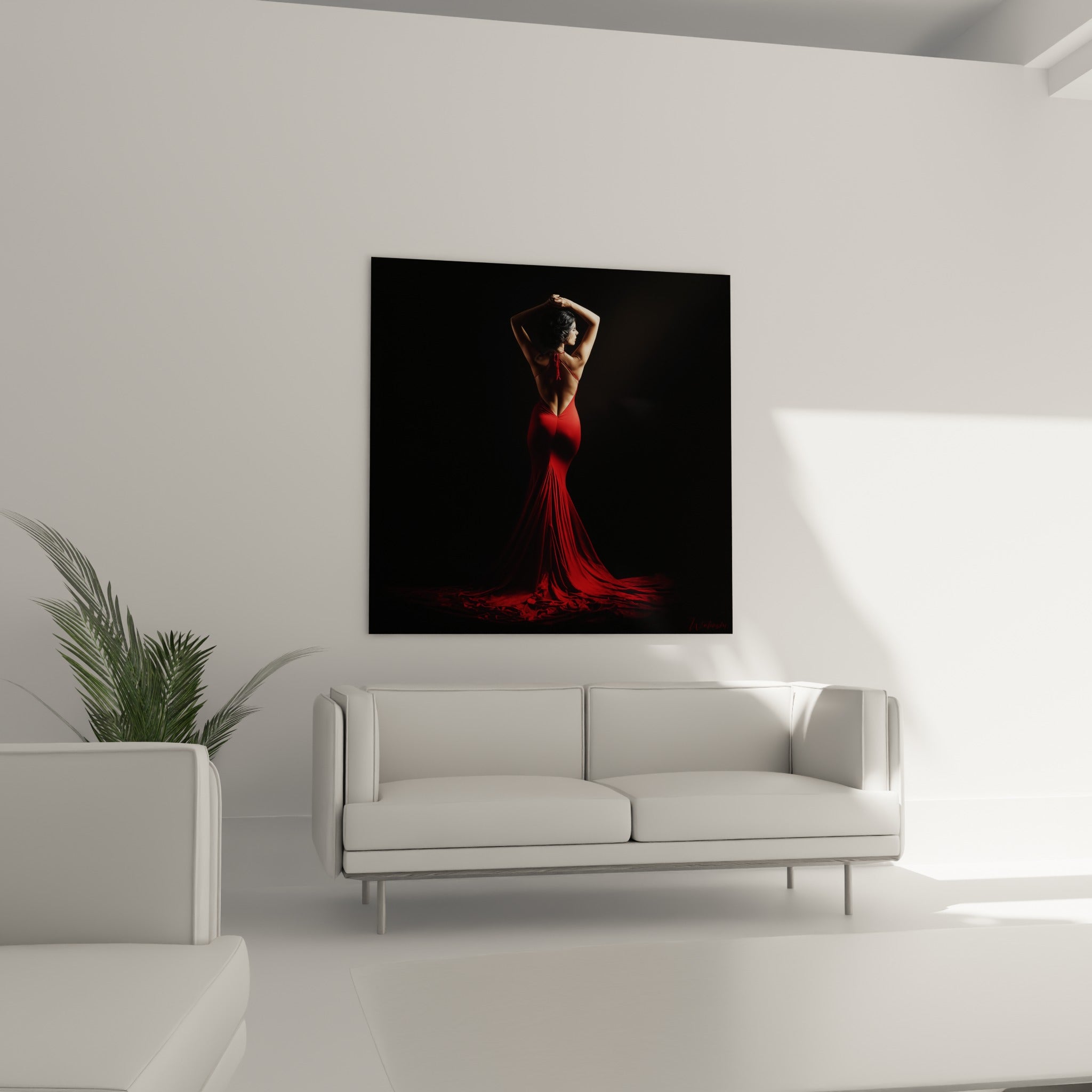 Traîne rouge déployée au sol, geste gracieux de danse espagnole, au-dessus d'un canapé dans un salon lumineux