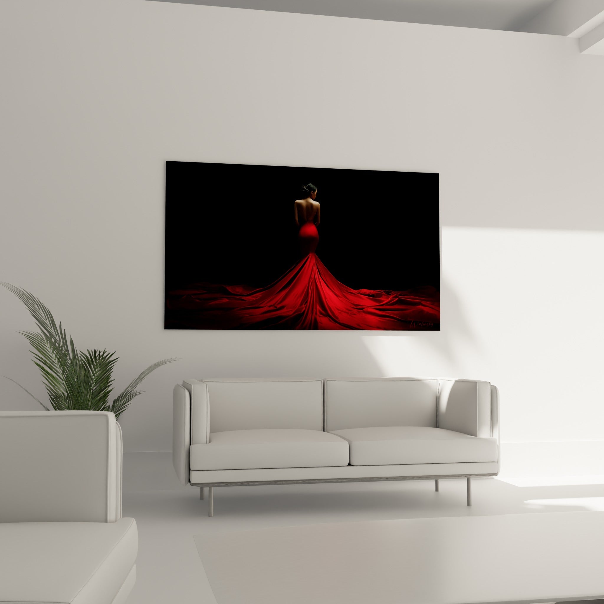 Robe rouge vermillon à traîne longue sur fond obscur, tableau danse espagnole au-dessus d'un canapé dans un salon lumineux