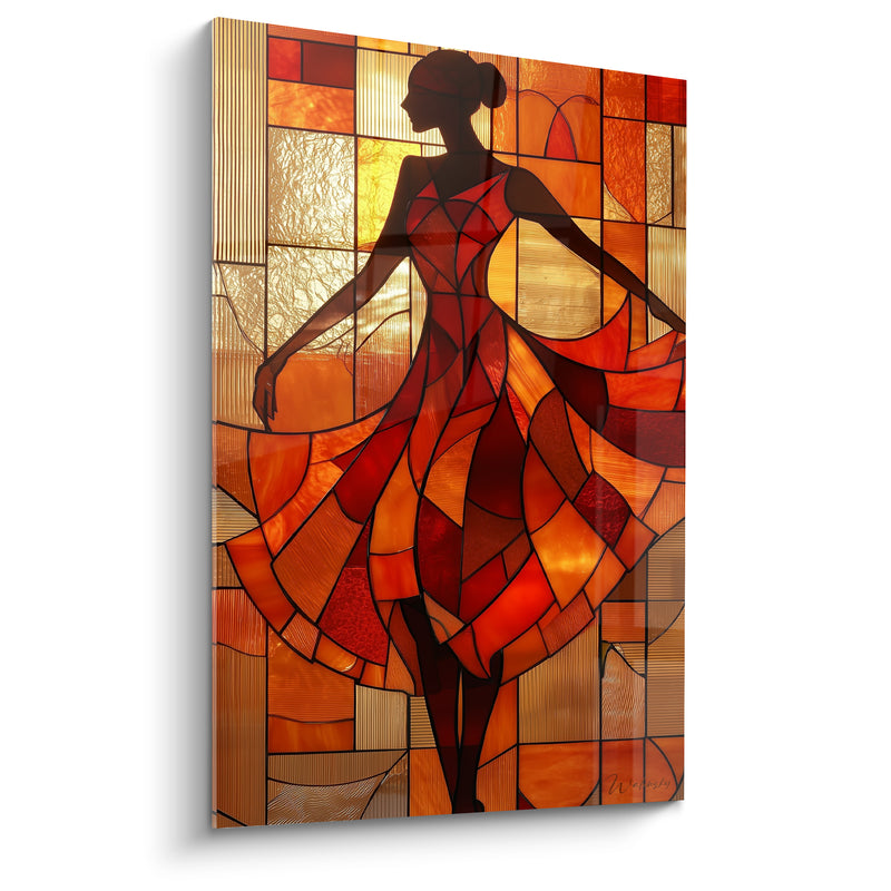 Tableau Vitrail ambré et rouge aux facettes géométriques - Silhouette en contre-jour - Edition Danse espagnole