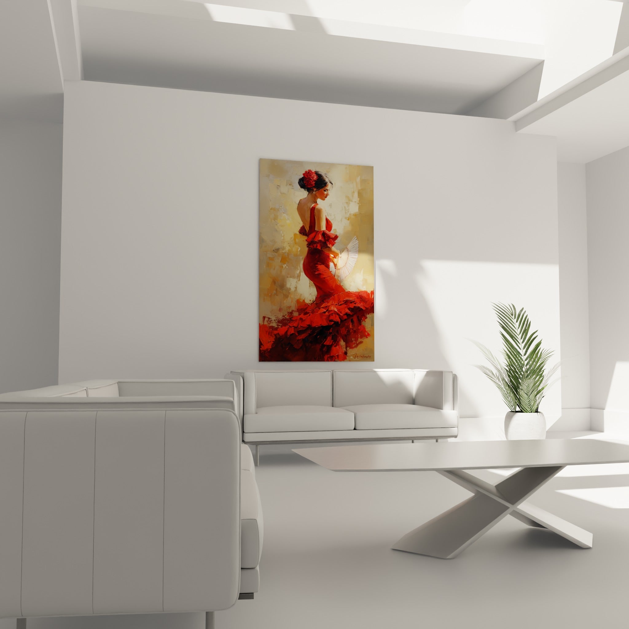 Éventail blanc et robe rouge écarlate de la danseuse, tableau Danse espagnole au-dessus d'un canapé dans un salon lumineux