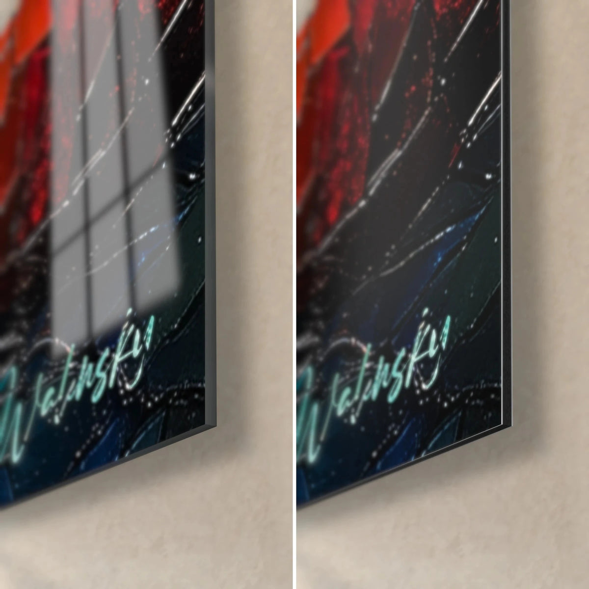 Wall art of a dancer in stained glass, bottom right corner: glossy acrylic glass on the left, matte Dibond aluminium on the right, midnight blue, red, 3 mm thickness
