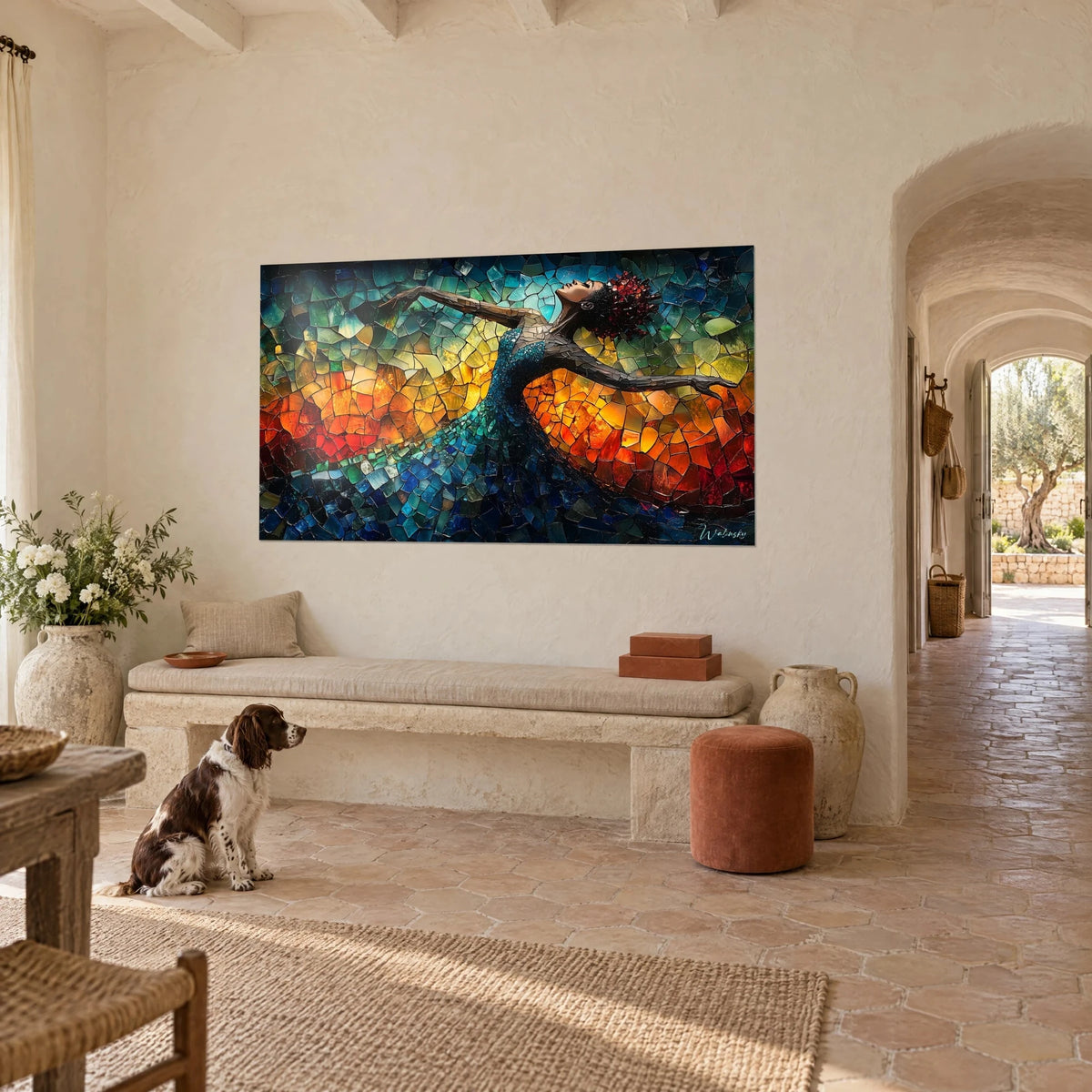 Wall art of a ballerina in shattered stained glass, crown of red crystals, amber and green tones, cream wall of a farmhouse, spaniel sitting in front