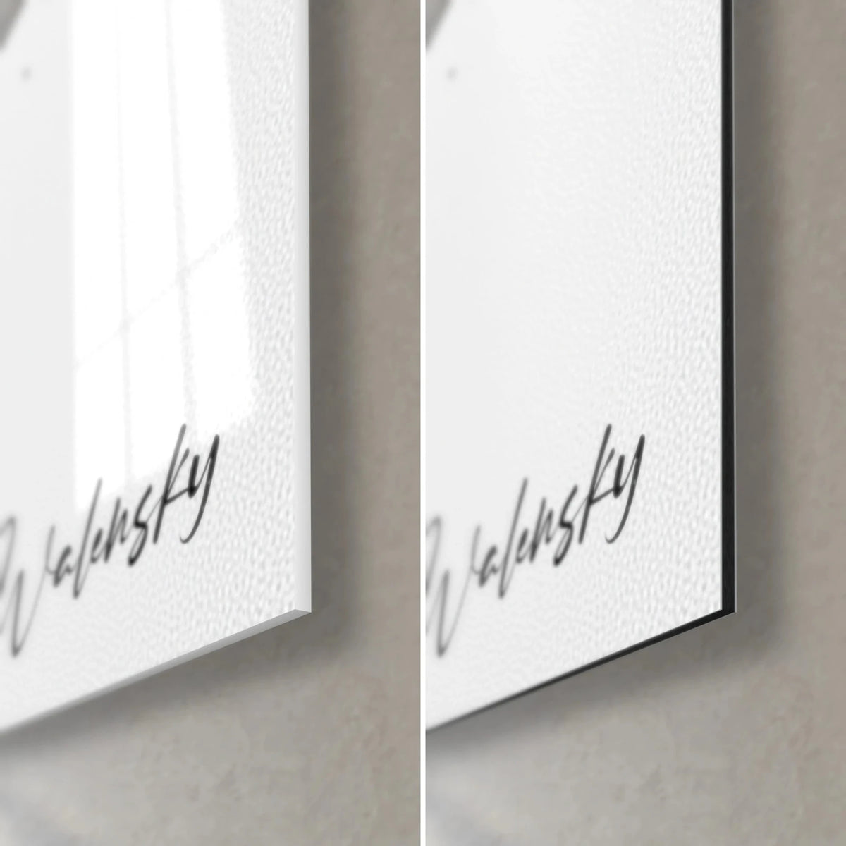 Quadro con macchie di inchiostro nero su bianco, firma Walensky in basso a destra, vetro lucido a sinistra, Dibond opaco a destra, bordo nero di 3 mm