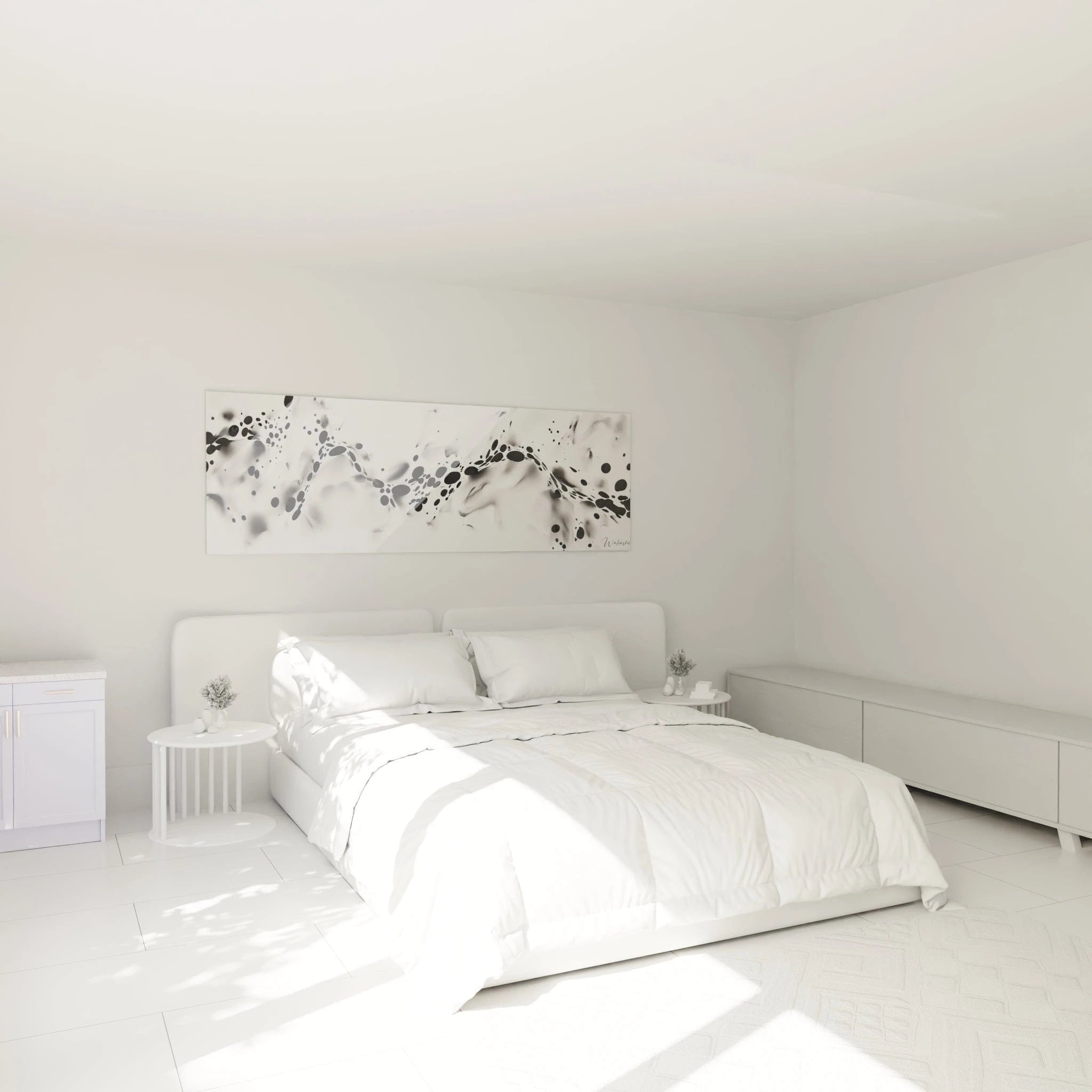 Tableau tacheté noir et blanc de Walensky accroché au-dessus d'un lit dans une chambre lumineuse